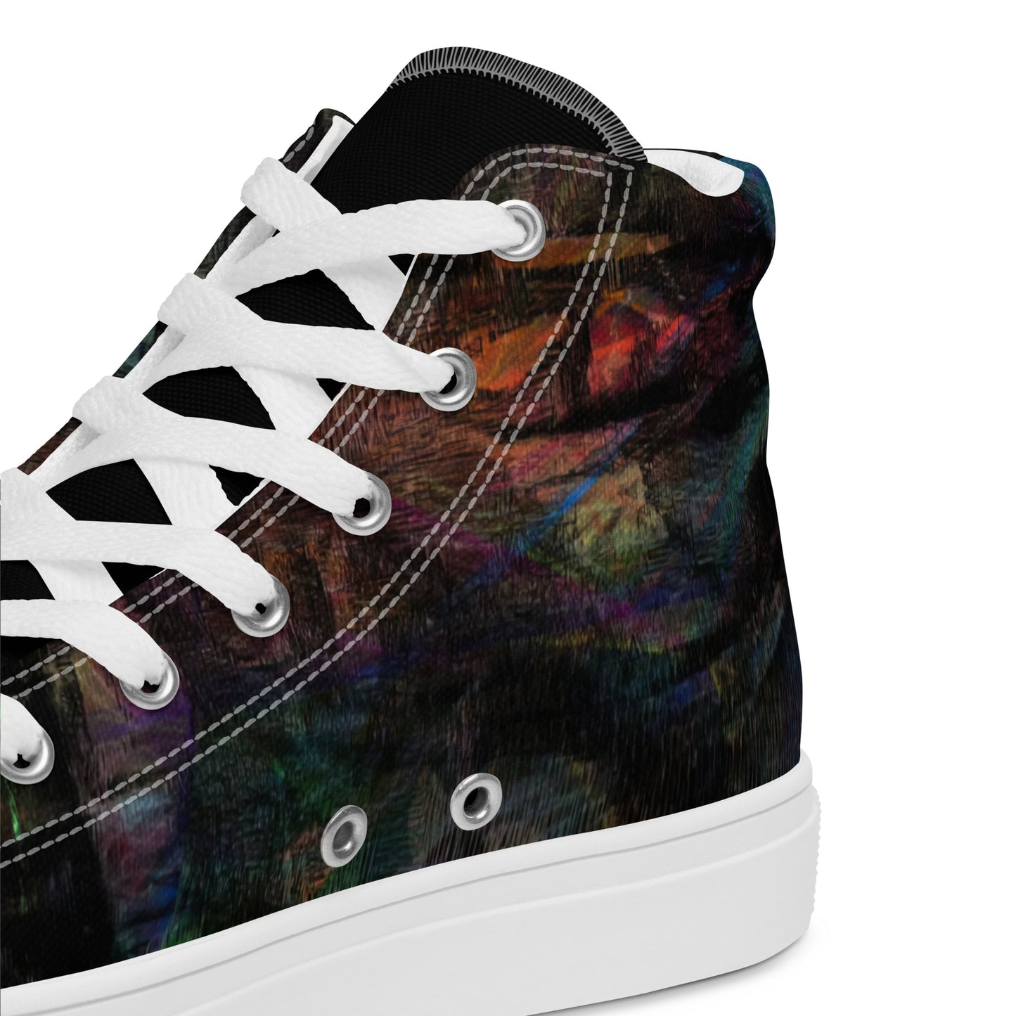 Chromatic Dreams Women’s abstract art high top sneakers – vibrant multicolor, faux leather toe cap, and streetwear style | Hipyfi. white-product-details-2