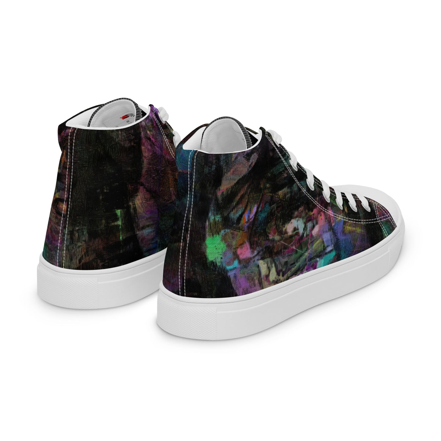 Chromatic Dreams Women’s abstract art high top sneakers – vibrant multicolor, faux leather toe cap, and streetwear style | Hipyfi. white-right-back