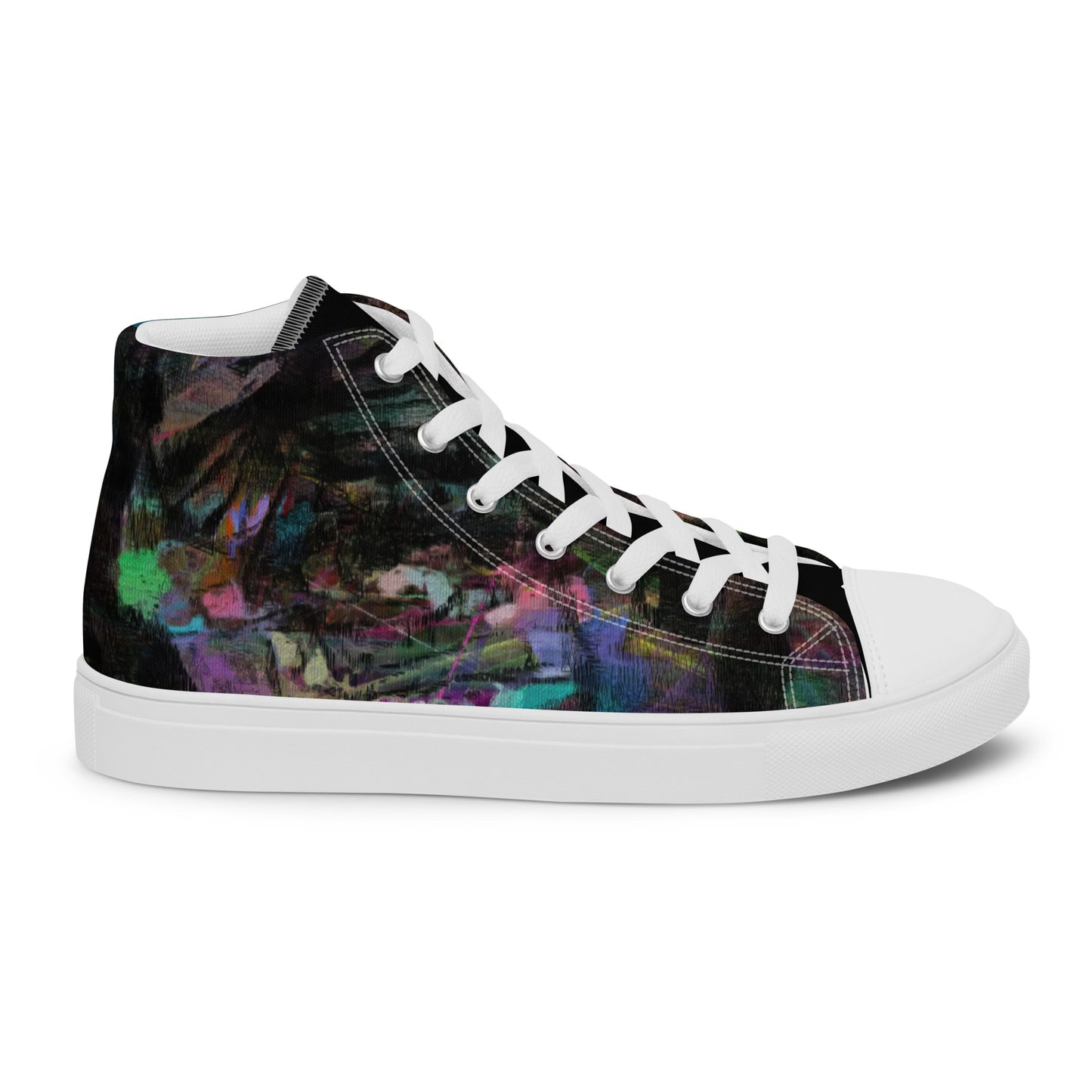 Chromatic Dreams Women’s abstract art high top sneakers – vibrant multicolor, faux leather toe cap, and streetwear style | Hipyfi. white-right-outside
