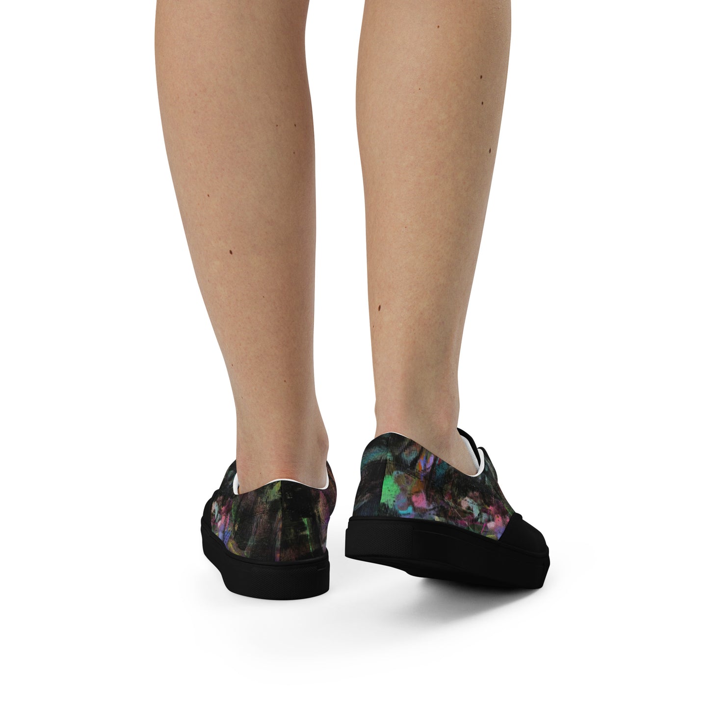 Chromatic Dreams Women’s lace-up canvas Sneakers with bold abstract design. Artistic, friendly sneakers by Hipyfi Clothes & Design, crafted for style and comfort. black-back