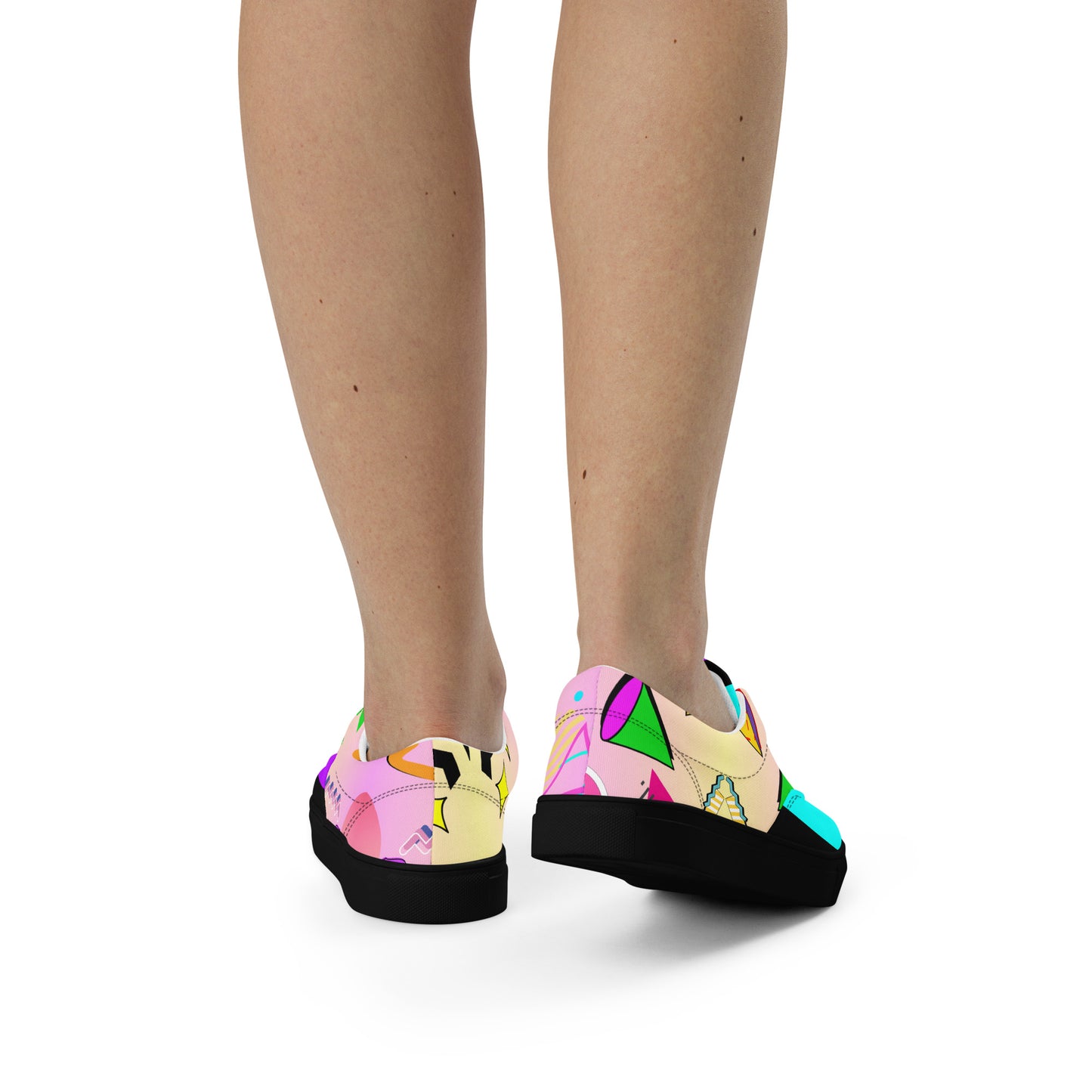 Hipyfi Women's Retro Memphis Lace-Up Canvas Sneakers with vibrant geometric patterns and pastel gradient design. black-back-3