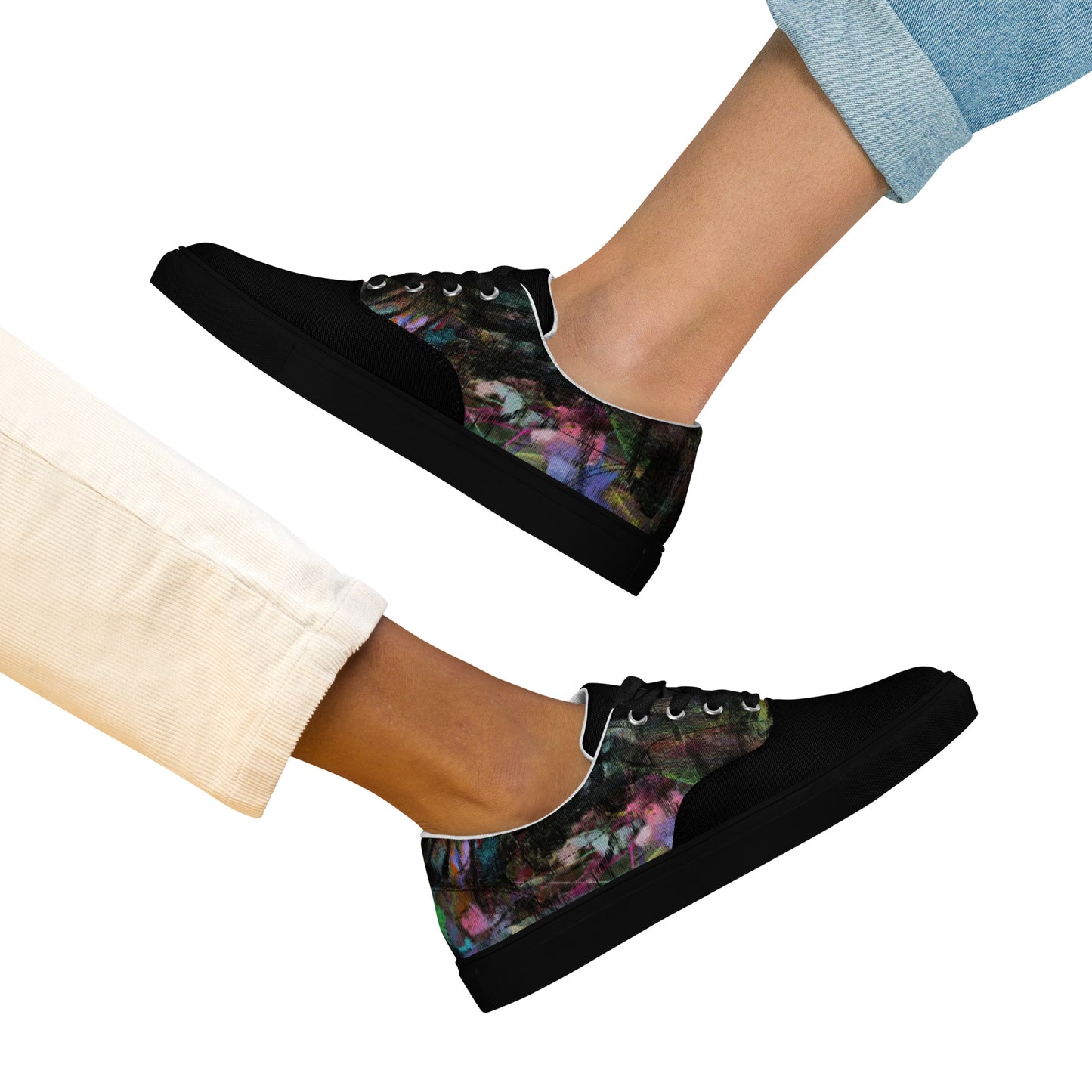Chromatic Dreams Women’s lace-up canvas Sneakers with bold abstract design. Artistic, friendly sneakers by Hipyfi Clothes & Design, crafted for style and comfort. black-front-3