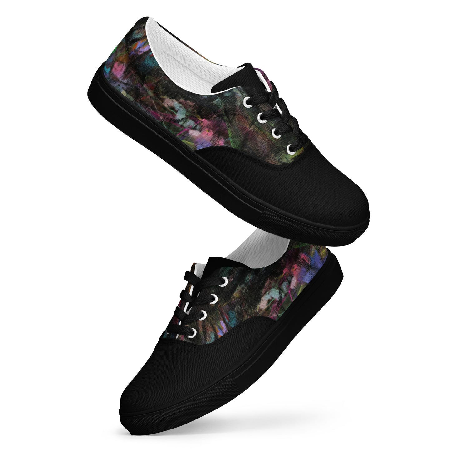Chromatic Dreams Women’s lace-up canvas Sneakers with bold abstract design. Artistic, friendly sneakers by Hipyfi Clothes & Design, crafted for style and comfort. black-front-5