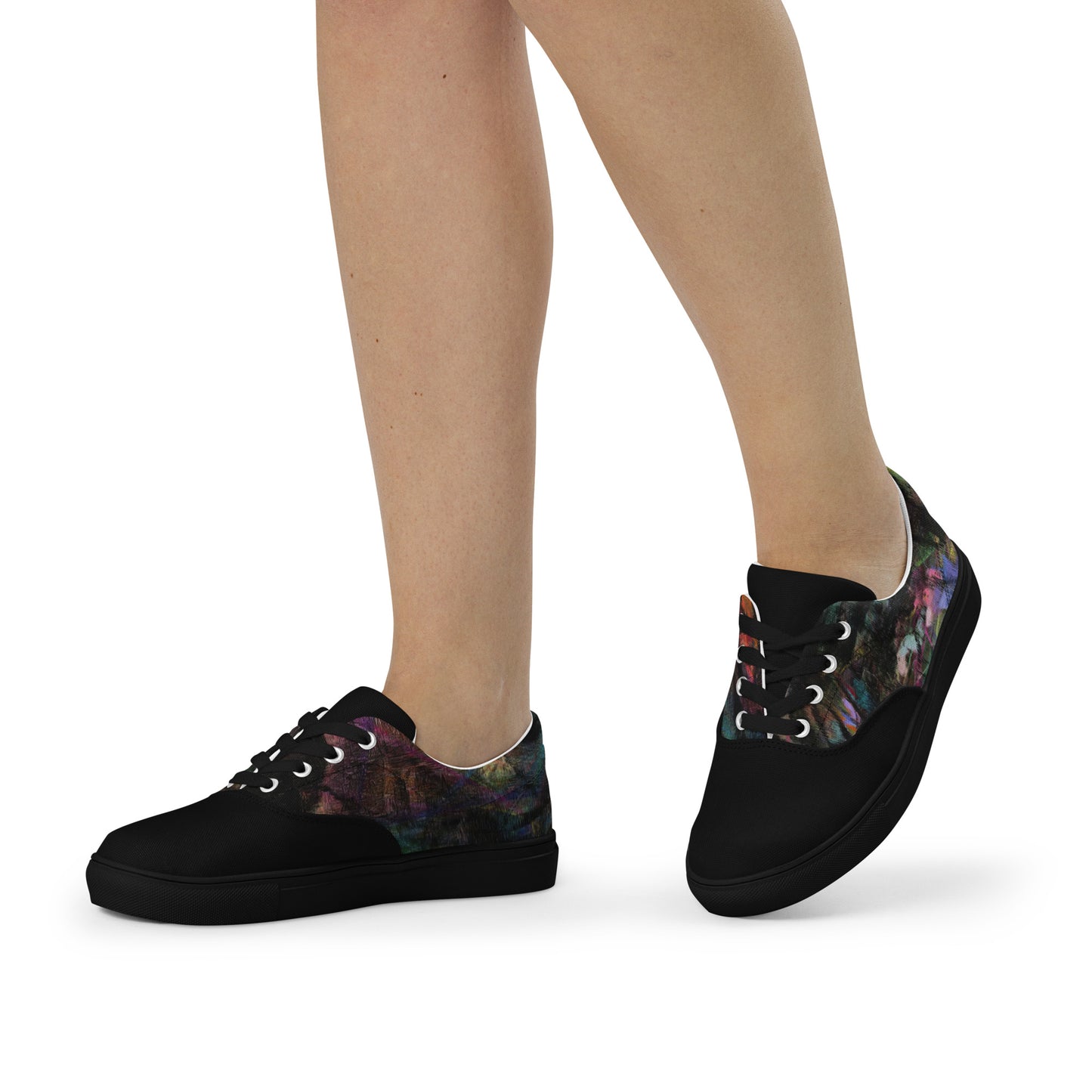 Chromatic Dreams Women’s lace-up canvas Sneakers with bold abstract design. Artistic, friendly sneakers by Hipyfi Clothes & Design, crafted for style and comfort. black-left-front