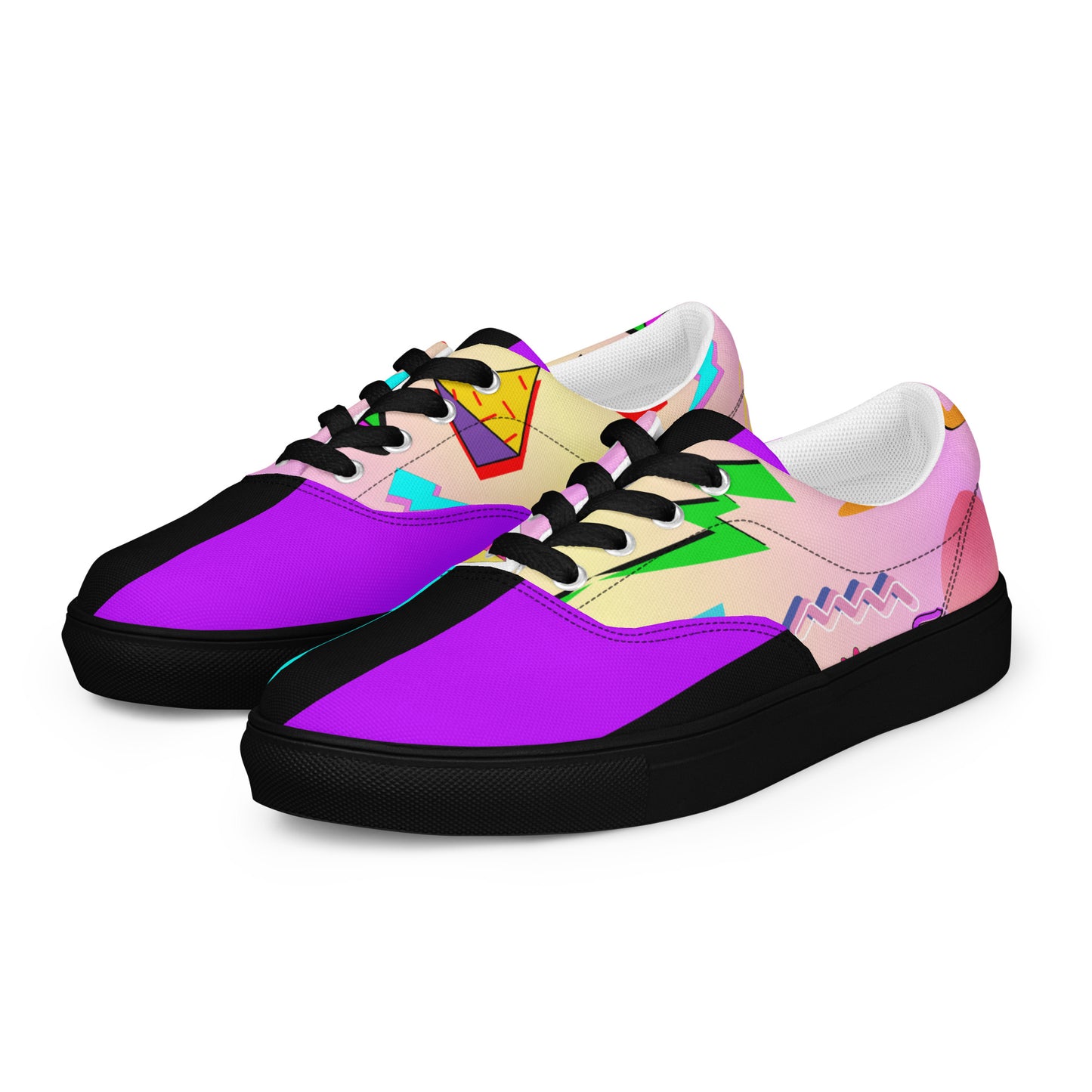 Hipyfi Women's Retro Memphis Lace-Up Canvas Sneakers with vibrant geometric patterns and pastel gradient design. black-left-front-3