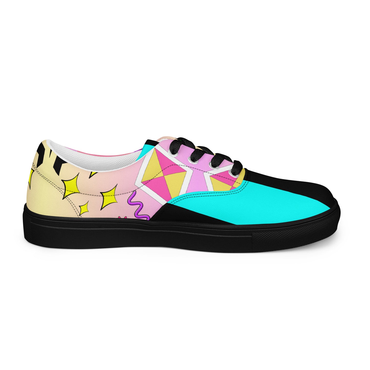 Hipyfi Women's Retro Memphis Lace-Up Canvas Sneakers with vibrant geometric patterns and pastel gradient design. black-left-inside