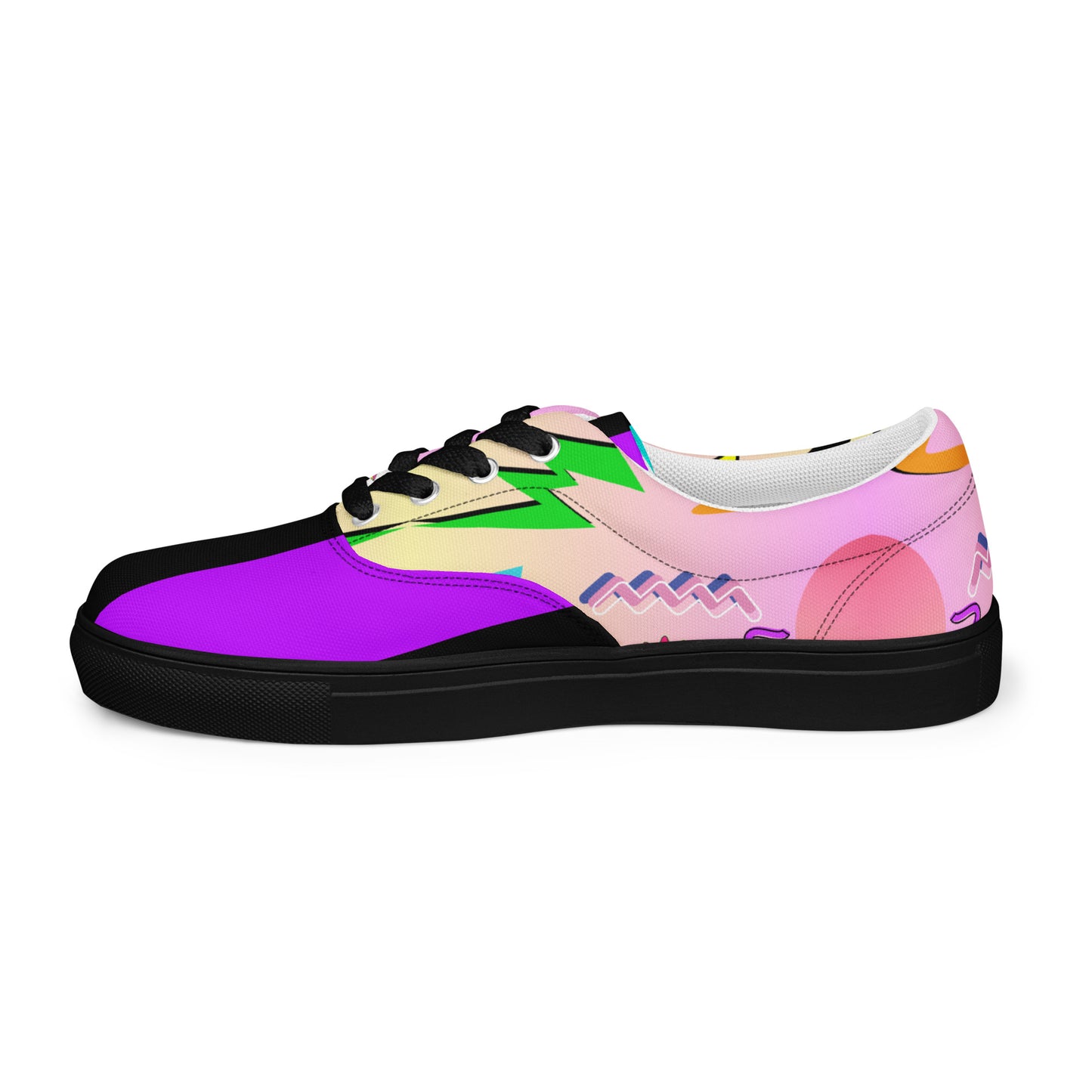 Hipyfi Women's Retro Memphis Lace-Up Canvas Sneakers with vibrant geometric patterns and pastel gradient design. black-left-outside