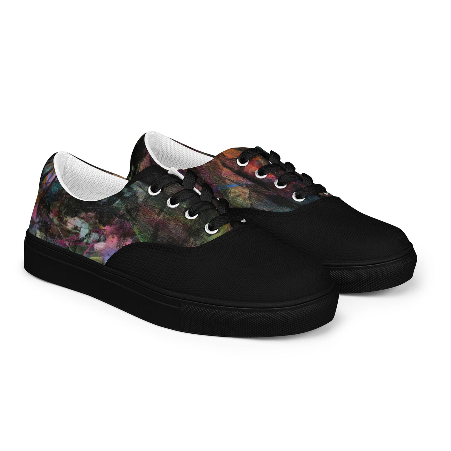 Chromatic Dreams Women’s lace-up canvas Sneakers with bold abstract design. Artistic, friendly sneakers by Hipyfi Clothes & Design, crafted for style and comfort. black-right-front-2