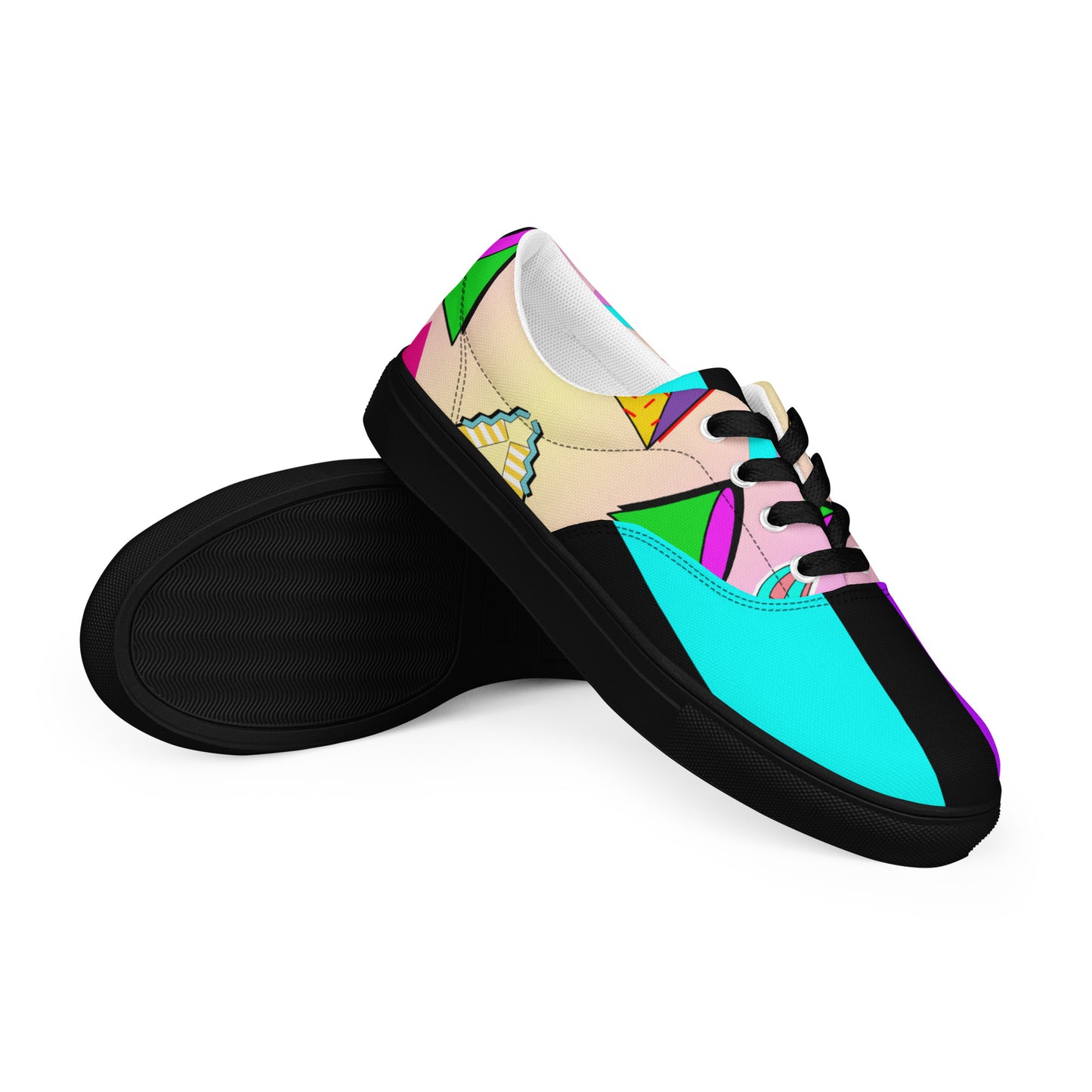 Hipyfi Women's Retro Memphis Lace-Up Canvas Sneakers with vibrant geometric patterns and pastel gradient design. black-right-front-3