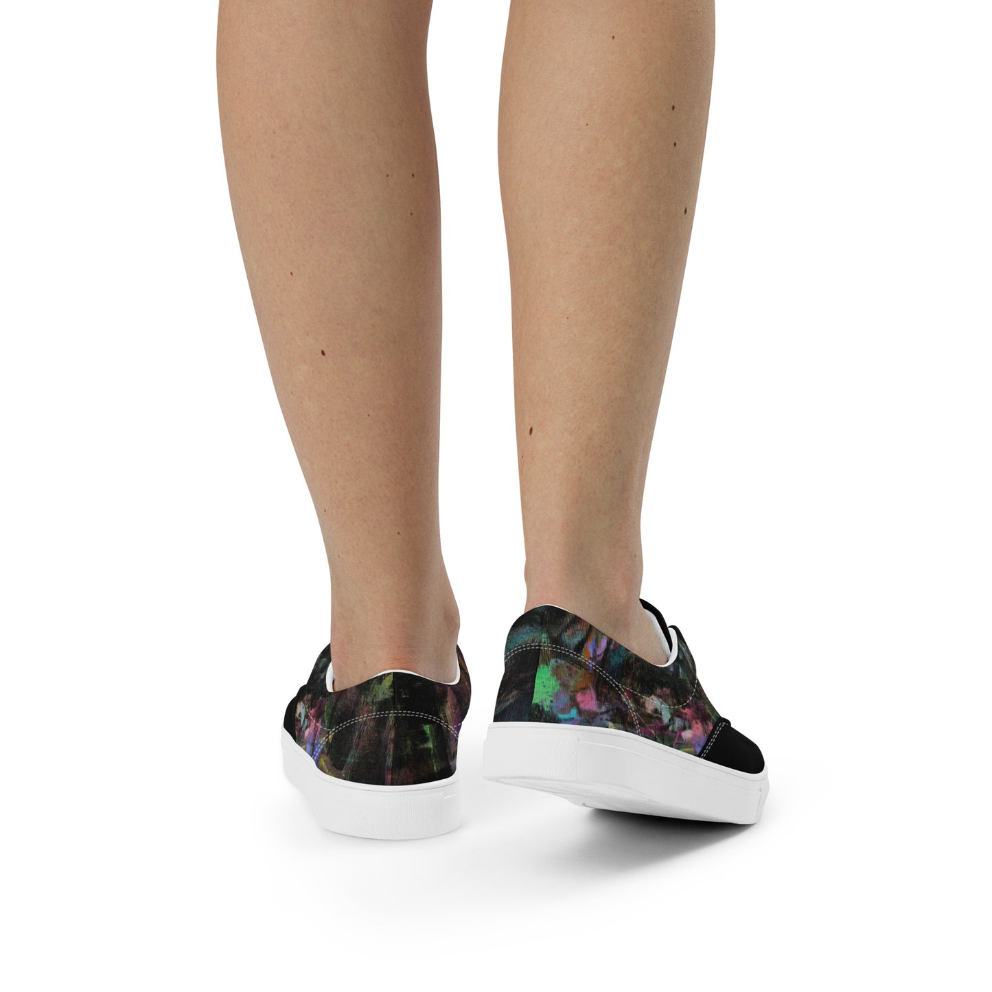 Chromatic Dreams Women’s lace-up canvas Sneakers with bold abstract design. Artistic, friendly sneakers by Hipyfi Clothes & Design, crafted for style and comfort. white-back