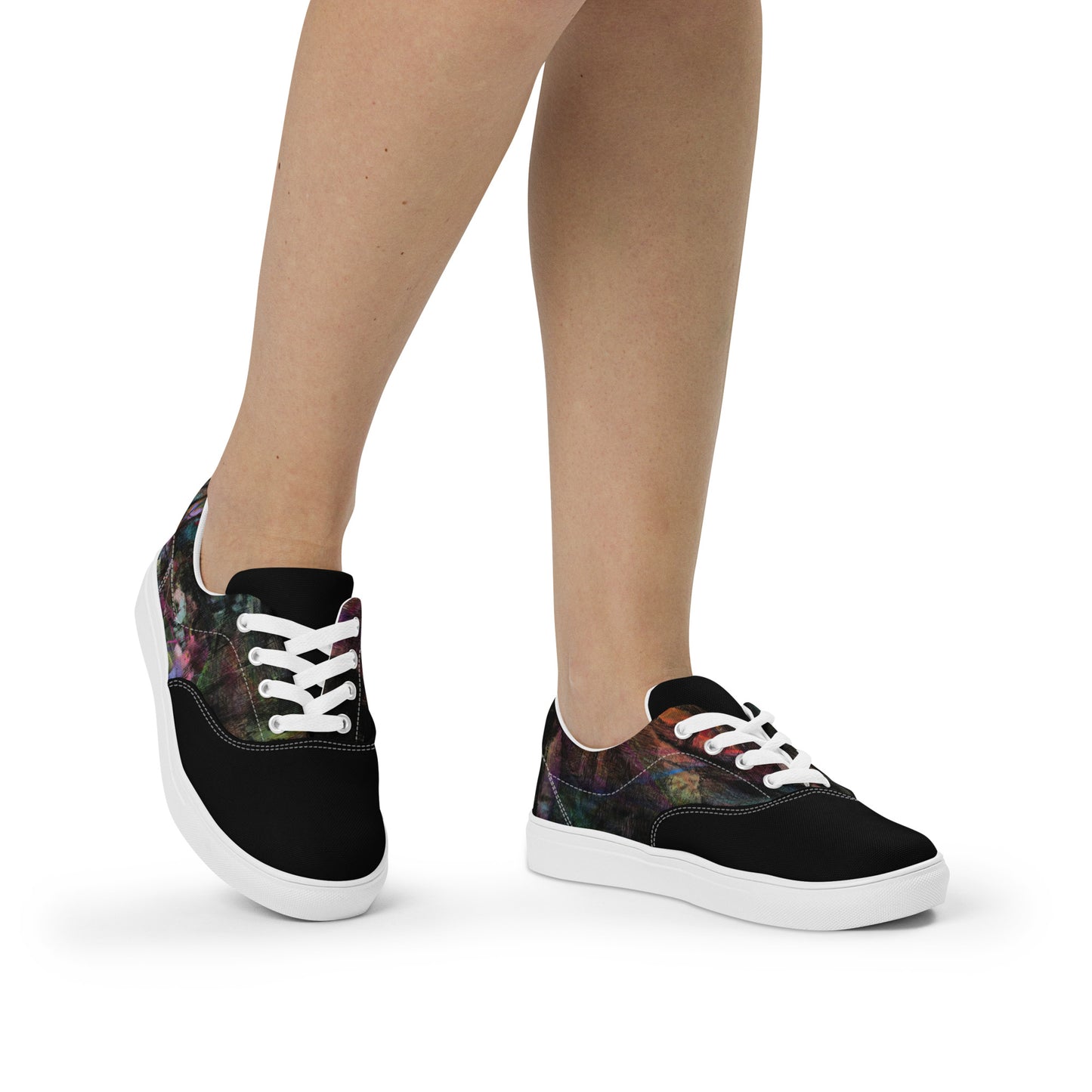 Chromatic Dreams Women’s lace-up canvas Sneakers with bold abstract design. Artistic, friendly sneakers by Hipyfi Clothes & Design, crafted for style and comfort. white-front-2