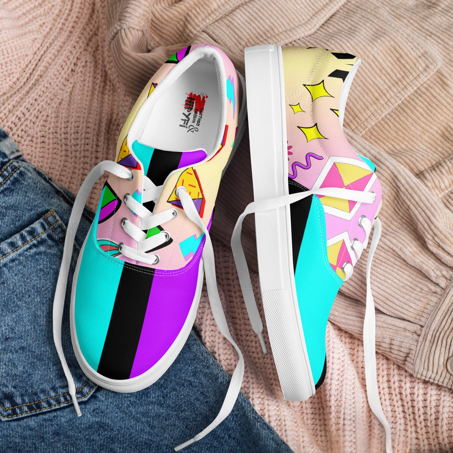 Hipyfi Women's Retro Memphis Lace-Up Canvas Sneakers with vibrant geometric patterns and pastel gradient design. white-front
