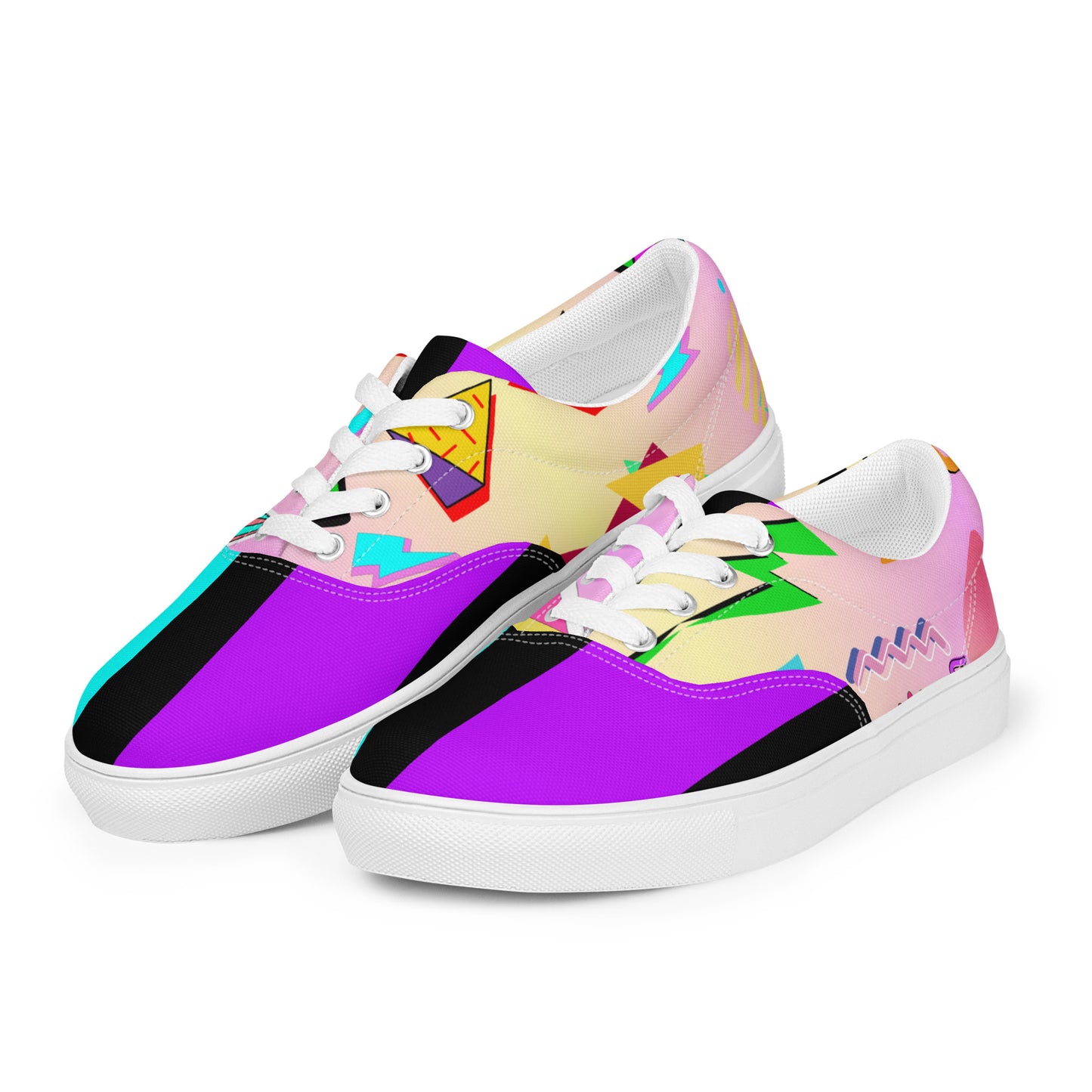 Hipyfi Women's Retro Memphis Lace-Up Canvas Sneakers with vibrant geometric patterns and pastel gradient design. white-left-front-2