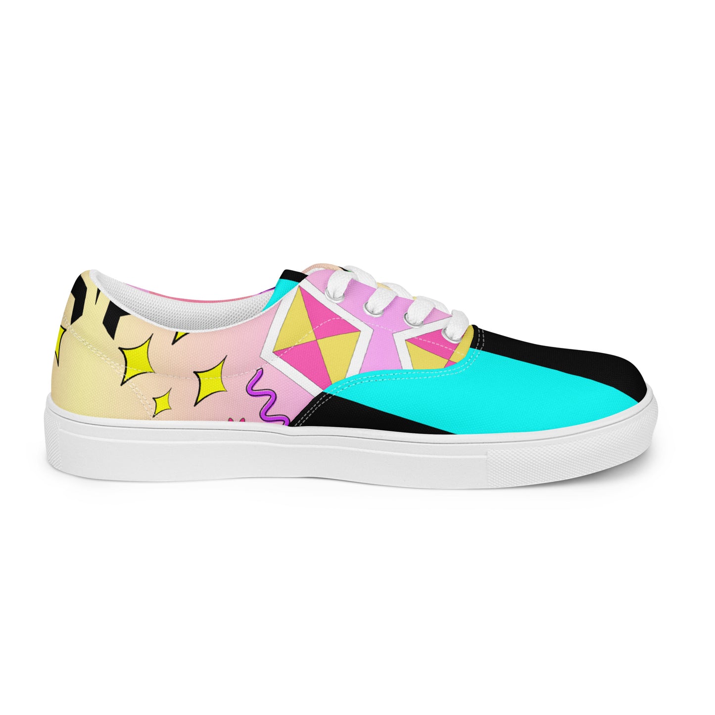 Hipyfi Women's Retro Memphis Lace-Up Canvas Sneakers with vibrant geometric patterns and pastel gradient design. white-left-inside