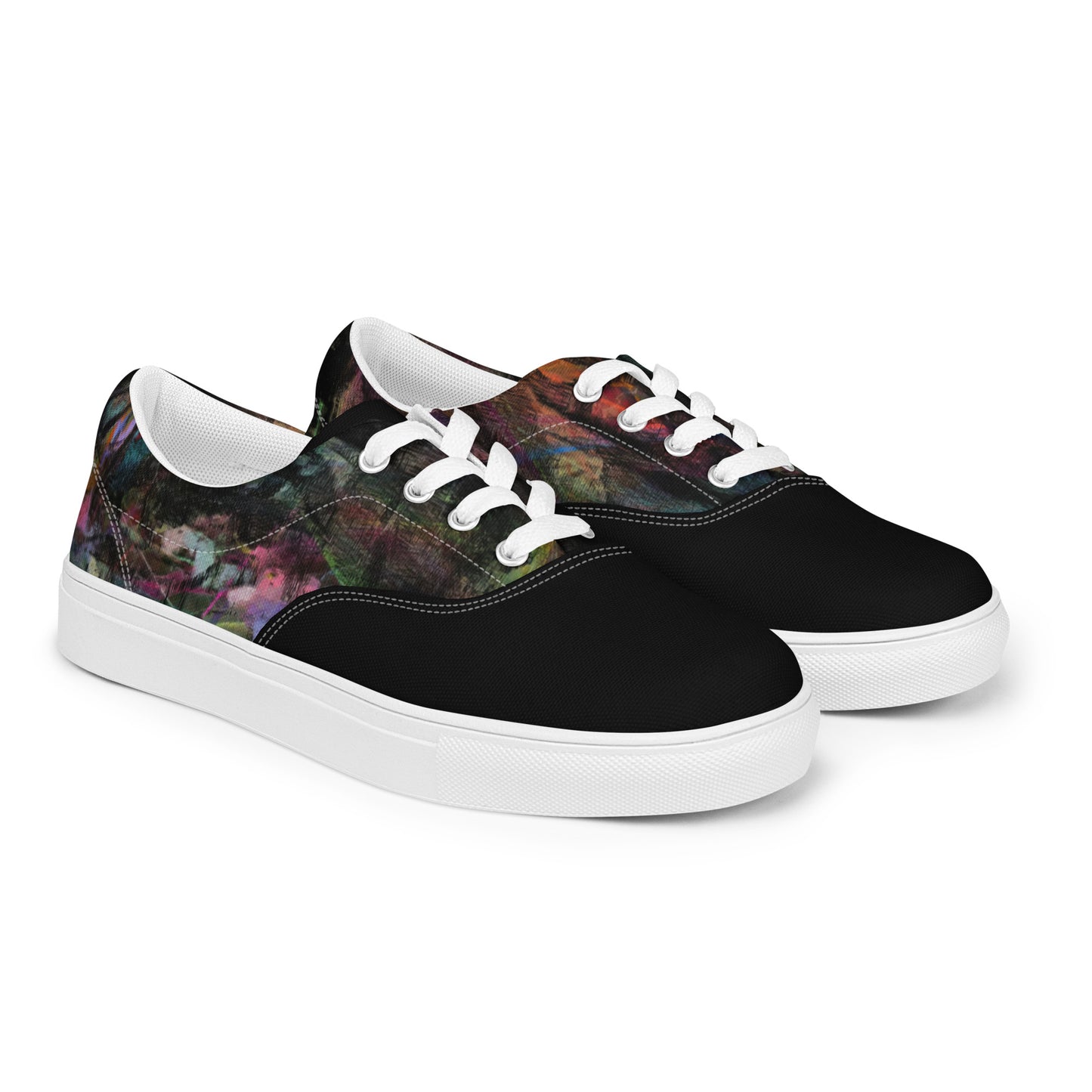 Chromatic Dreams Women’s lace-up canvas Sneakers with bold abstract design. Artistic, friendly sneakers by Hipyfi Clothes & Design, crafted for style and comfort. white-right-front-2