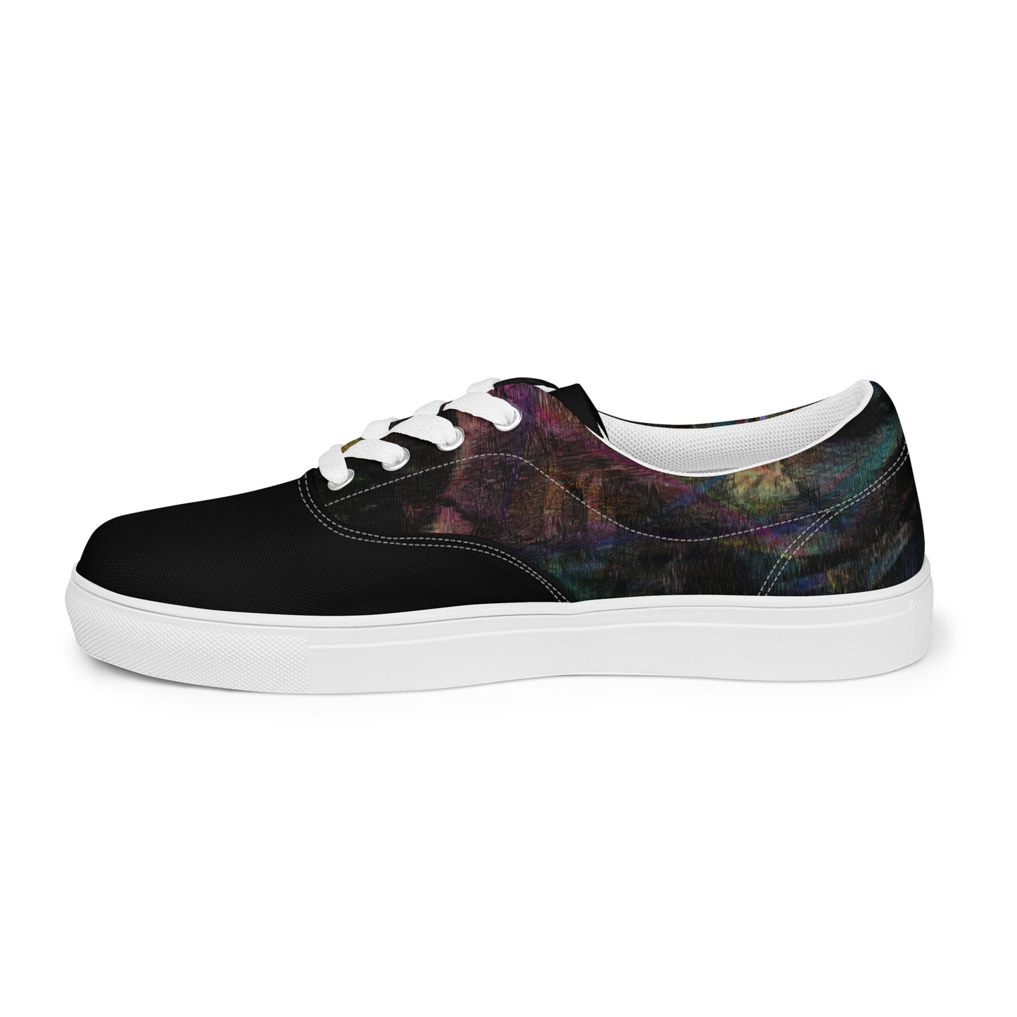 Chromatic Dreams Women’s lace-up canvas Sneakers with bold abstract design. Artistic, friendly sneakers by Hipyfi Clothes & Design, crafted for style and comfort. white-right-inside-5