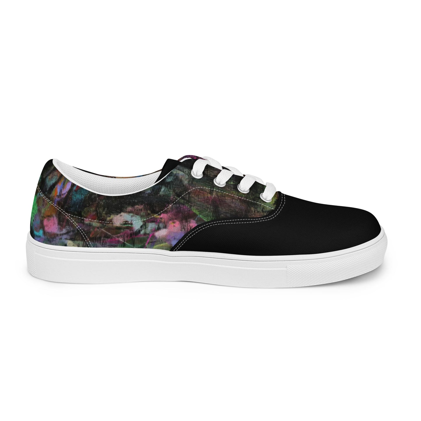 Chromatic Dreams Women’s lace-up canvas Sneakers with bold abstract design. Artistic, friendly sneakers by Hipyfi Clothes & Design, crafted for style and comfort. white-right-outside-4