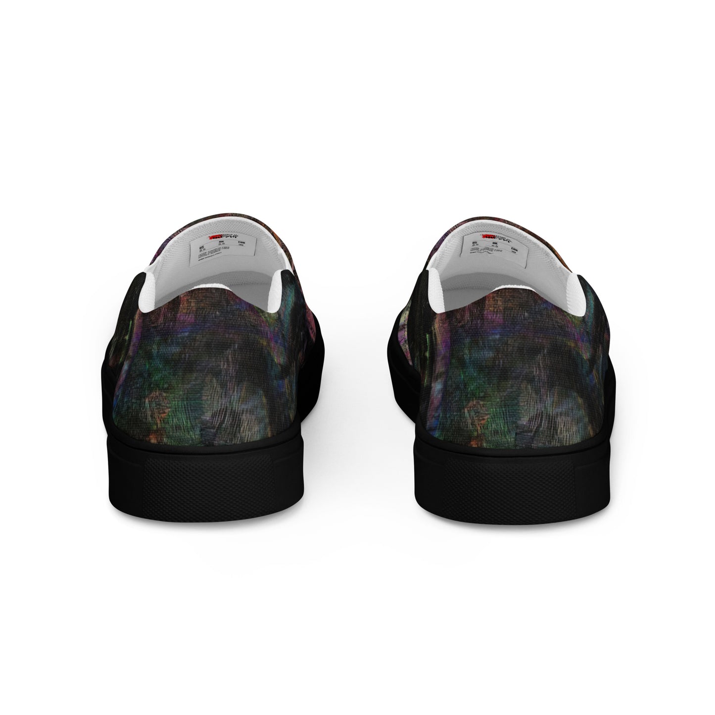 Close-up of Hipyfi Women’s Chromatic Dreams slip-on sneakers, showcasing a modern abstract face design with multicolor, elastic side accents, and a cushioned sole for comfort. black-back-4