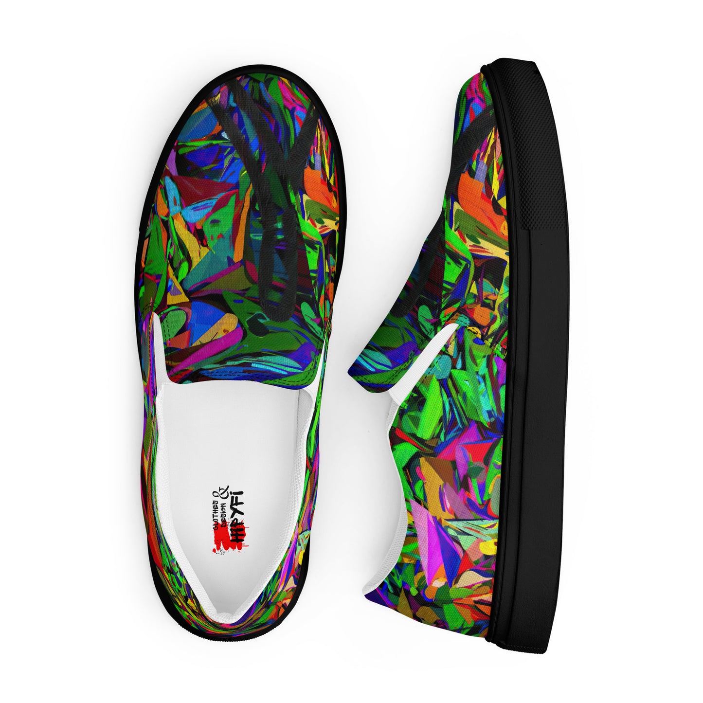 Bold Neon Mythos Women's Slip-On Canvas Sneakers by Hipyfi – Vibrant abstract graphic design with neon colors, perfect for street style and modern fashion. black-front-3