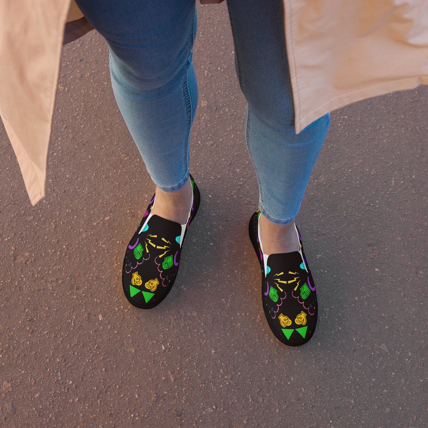 Women's Retro Canvas Slip-On Sneakers with vibrant 80s Memphis-style abstract pattern on black background – stylish, lightweight, and eco-friendly casual shoes by Hipyfi Clothes & Design. black-front-2