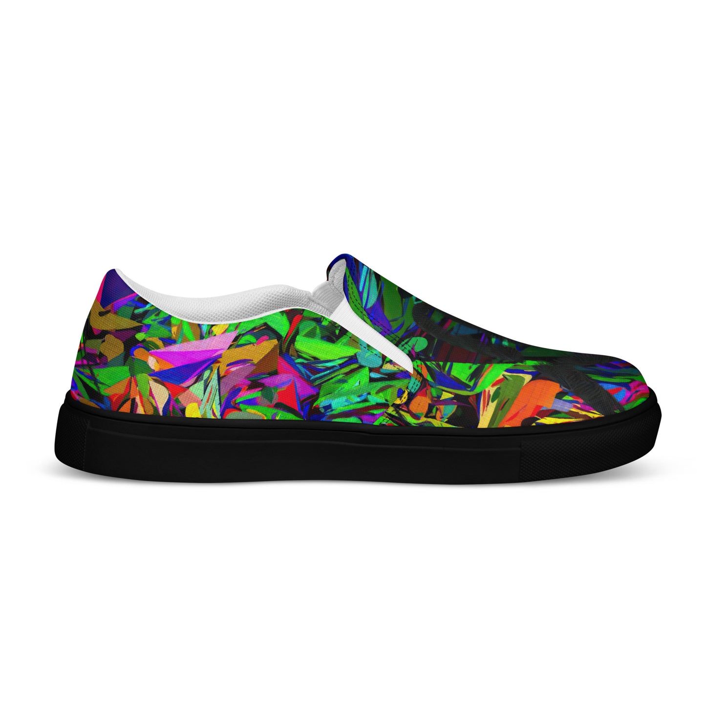 Bold Neon Mythos Women's Slip-On Canvas Sneakers by Hipyfi – Vibrant abstract graphic design with neon colors, perfect for street style and modern fashion. black-left-inside