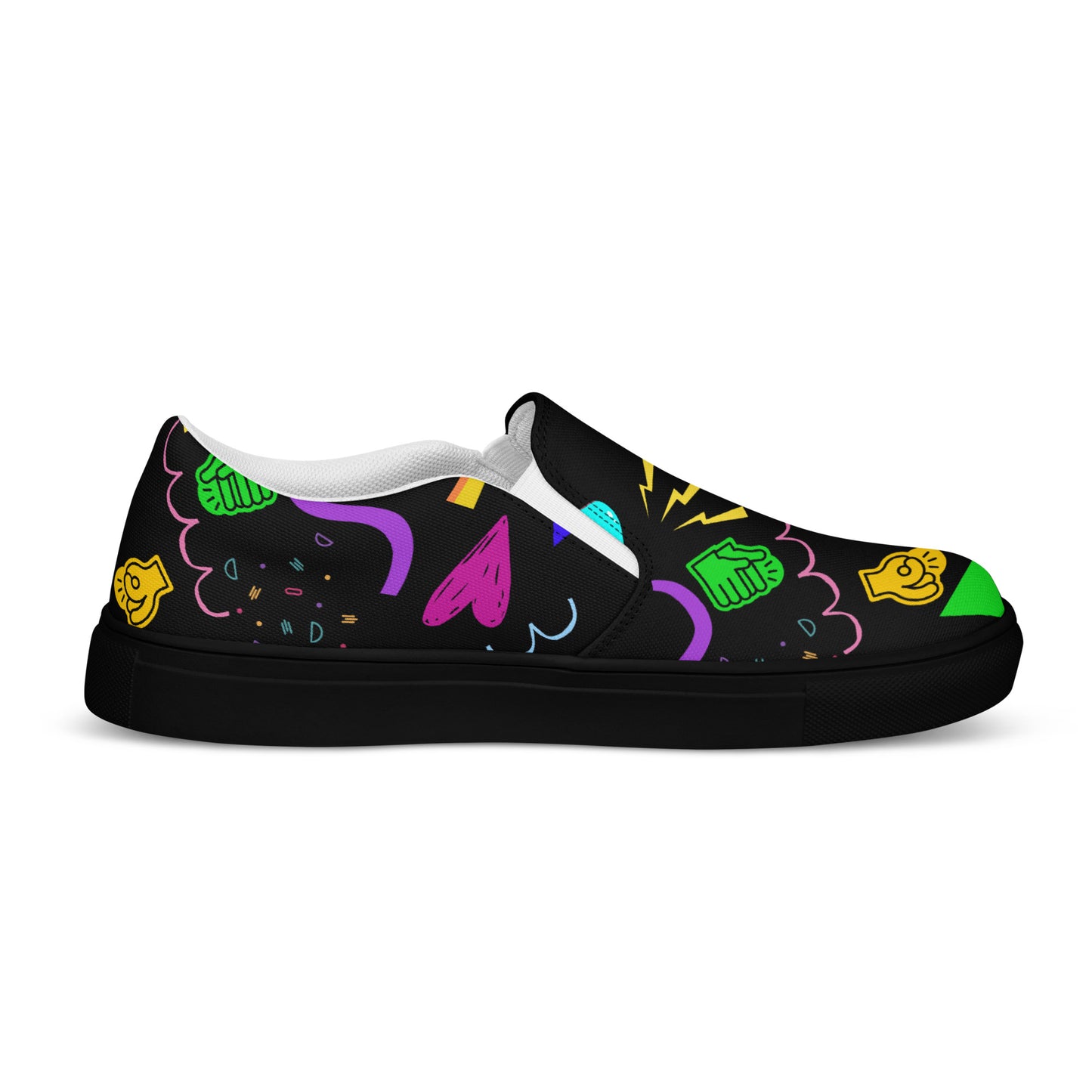 Women's Retro Canvas Slip-On Sneakers with vibrant 80s Memphis-style abstract pattern on black background – stylish, lightweight, and eco-friendly casual shoes by Hipyfi Clothes & Design. black-left-inside