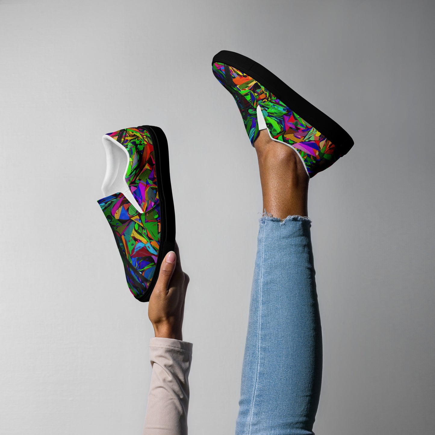 Bold Neon Mythos Women's Slip-On Canvas Sneakers by Hipyfi – Vibrant abstract graphic design with neon colors, perfect for street style and modern fashion. black-right
