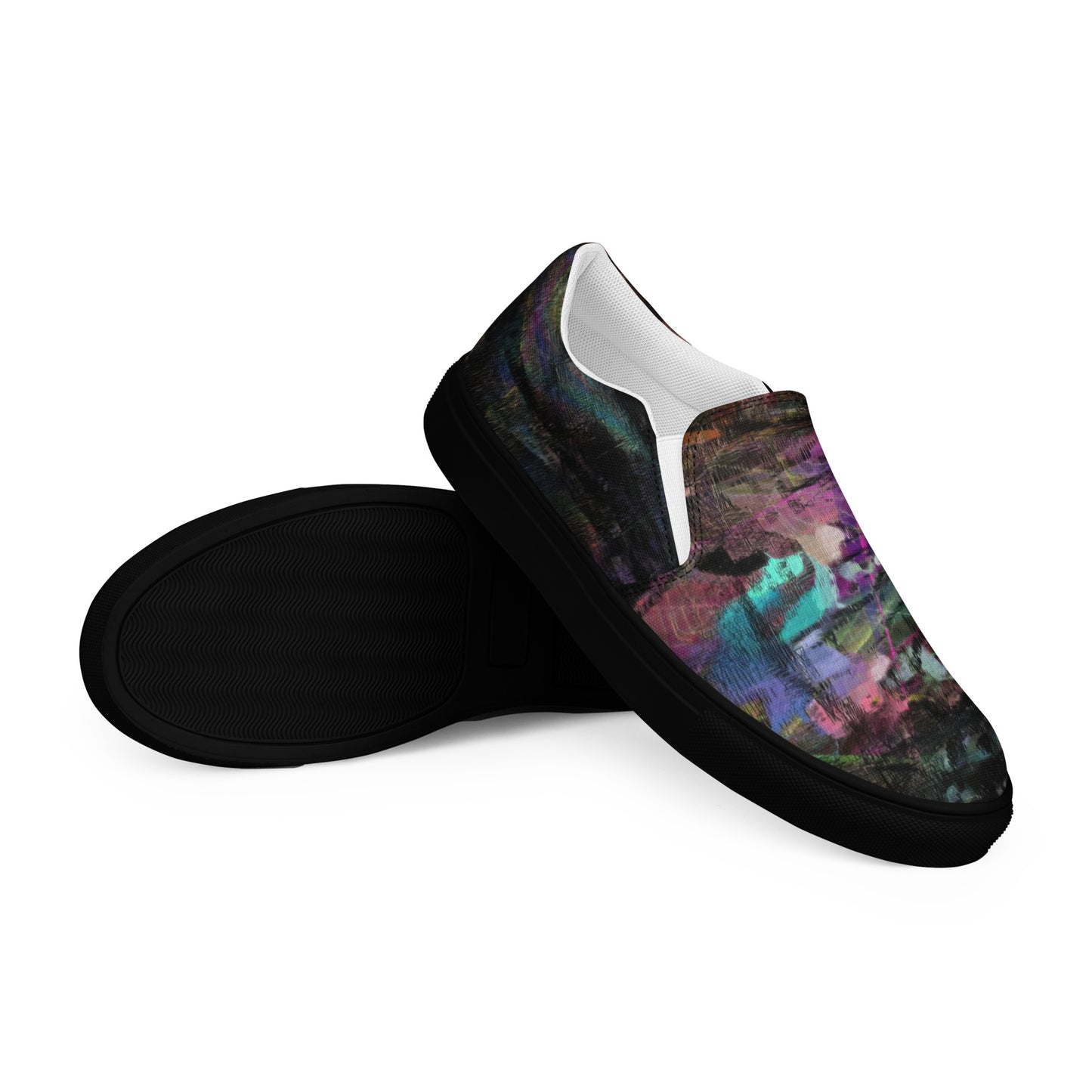 Close-up of Hipyfi Women’s Chromatic Dreams slip-on sneakers, showcasing a modern abstract face design with multicolor, elastic side accents, and a cushioned sole for comfort. black-right-front