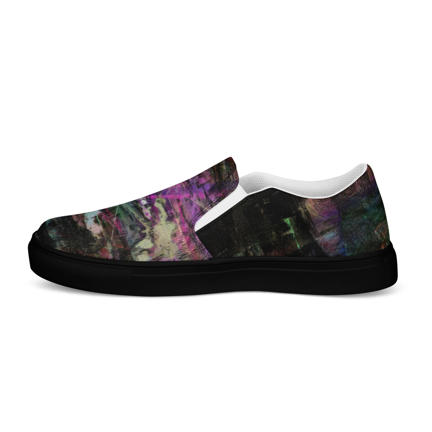 Close-up of Hipyfi Women’s Chromatic Dreams slip-on sneakers, showcasing a modern abstract face design with multicolor, elastic side accents, and a cushioned sole for comfort. black-right-inside