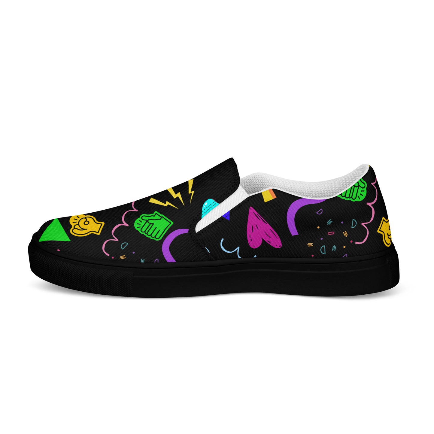 Women's Retro Canvas Slip-On Sneakers with vibrant 80s Memphis-style abstract pattern on black background – stylish, lightweight, and eco-friendly casual shoes by Hipyfi Clothes & Design. black-right-inside