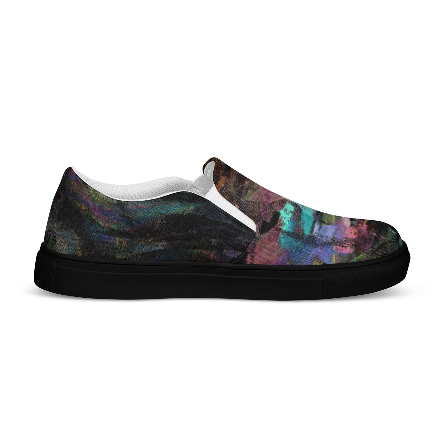 Close-up of Hipyfi Women’s Chromatic Dreams slip-on sneakers, showcasing a modern abstract face design with multicolor, elastic side accents, and a cushioned sole for comfort. black-right-outside-2