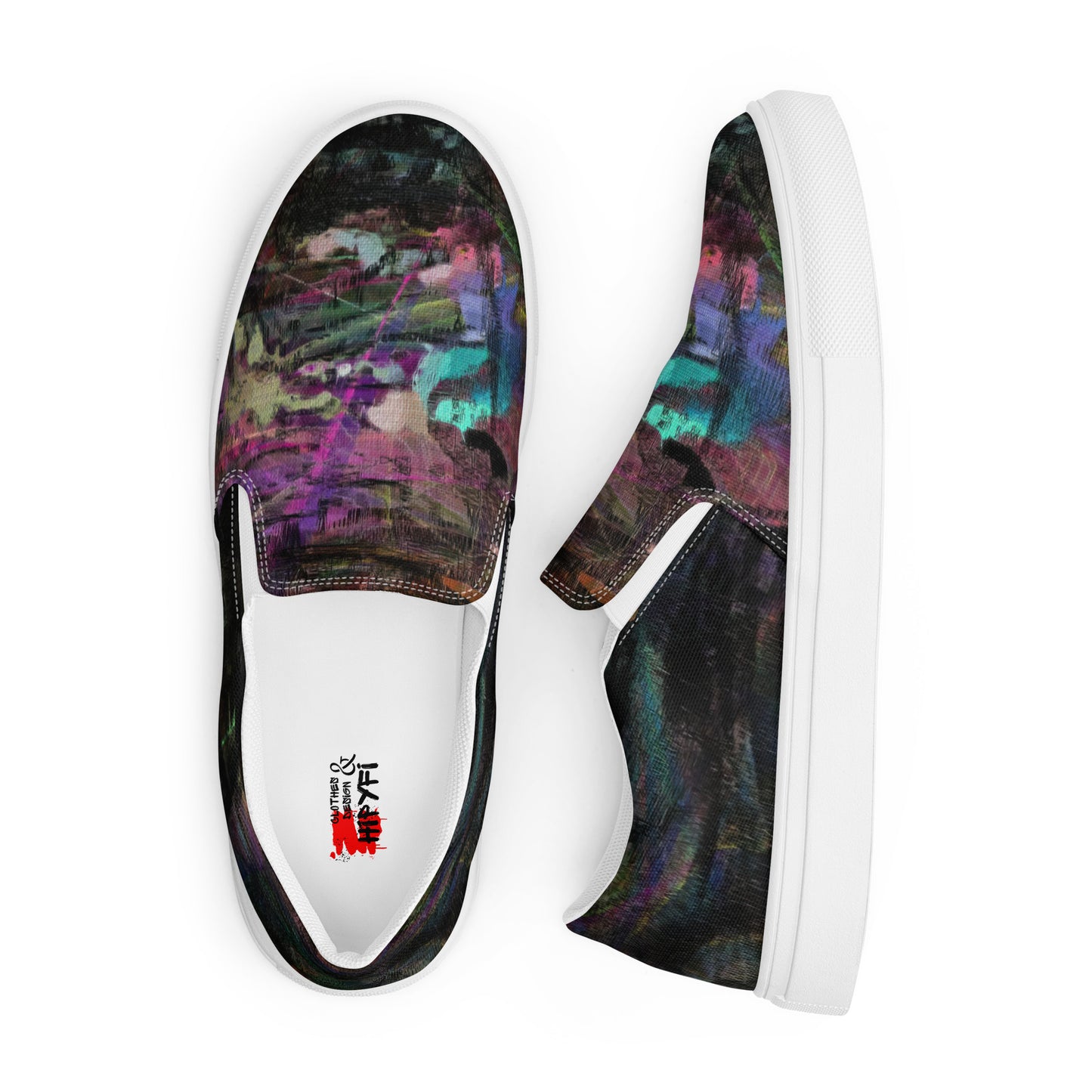 Close-up of Hipyfi Women’s Chromatic Dreams slip-on sneakers, showcasing a modern abstract face design with multicolor, elastic side accents, and a cushioned sole for comfort. white-front-6
