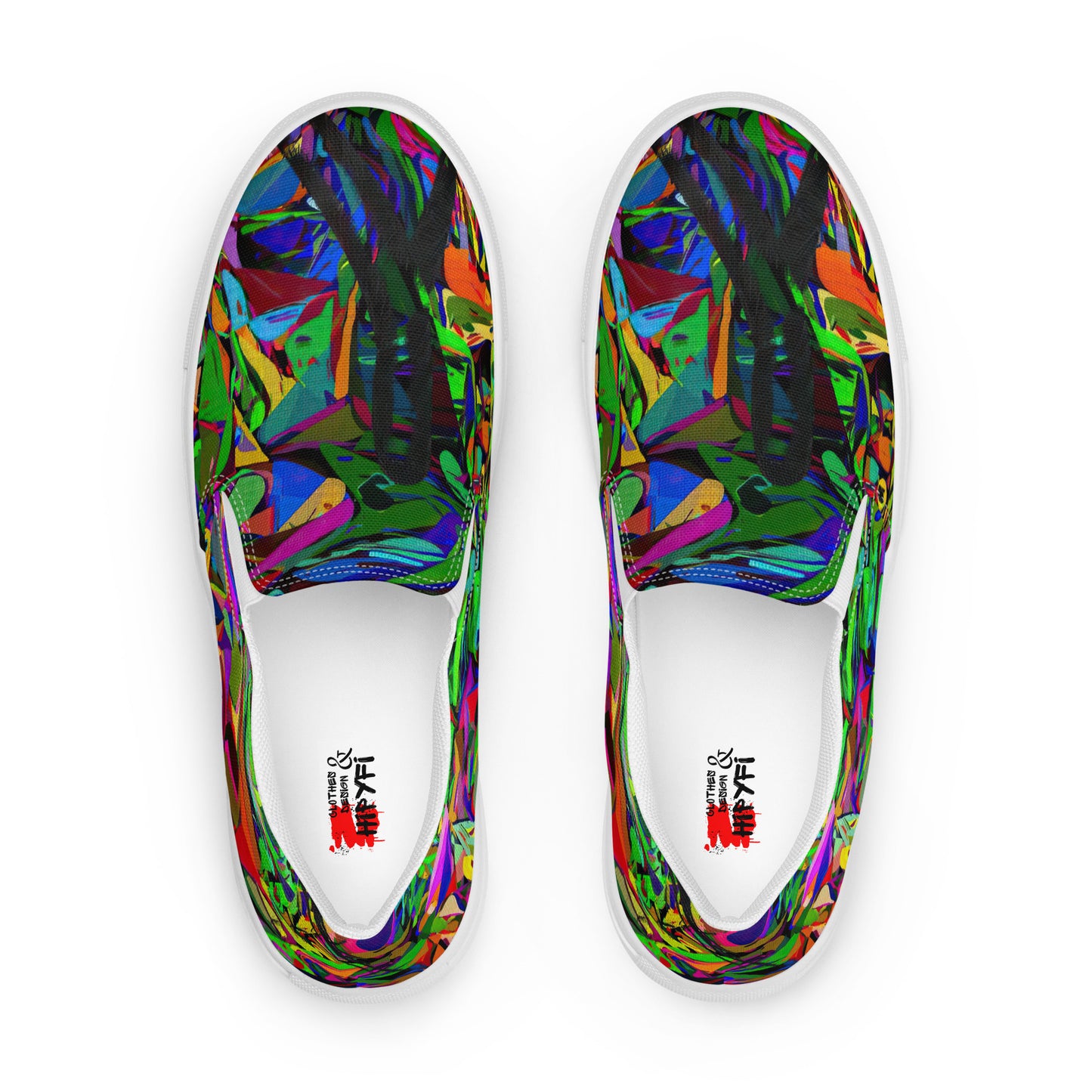 Bold Neon Mythos Women's Slip-On Canvas Sneakers by Hipyfi – Vibrant abstract graphic design with neon colors, perfect for street style and modern fashion. white-front-4