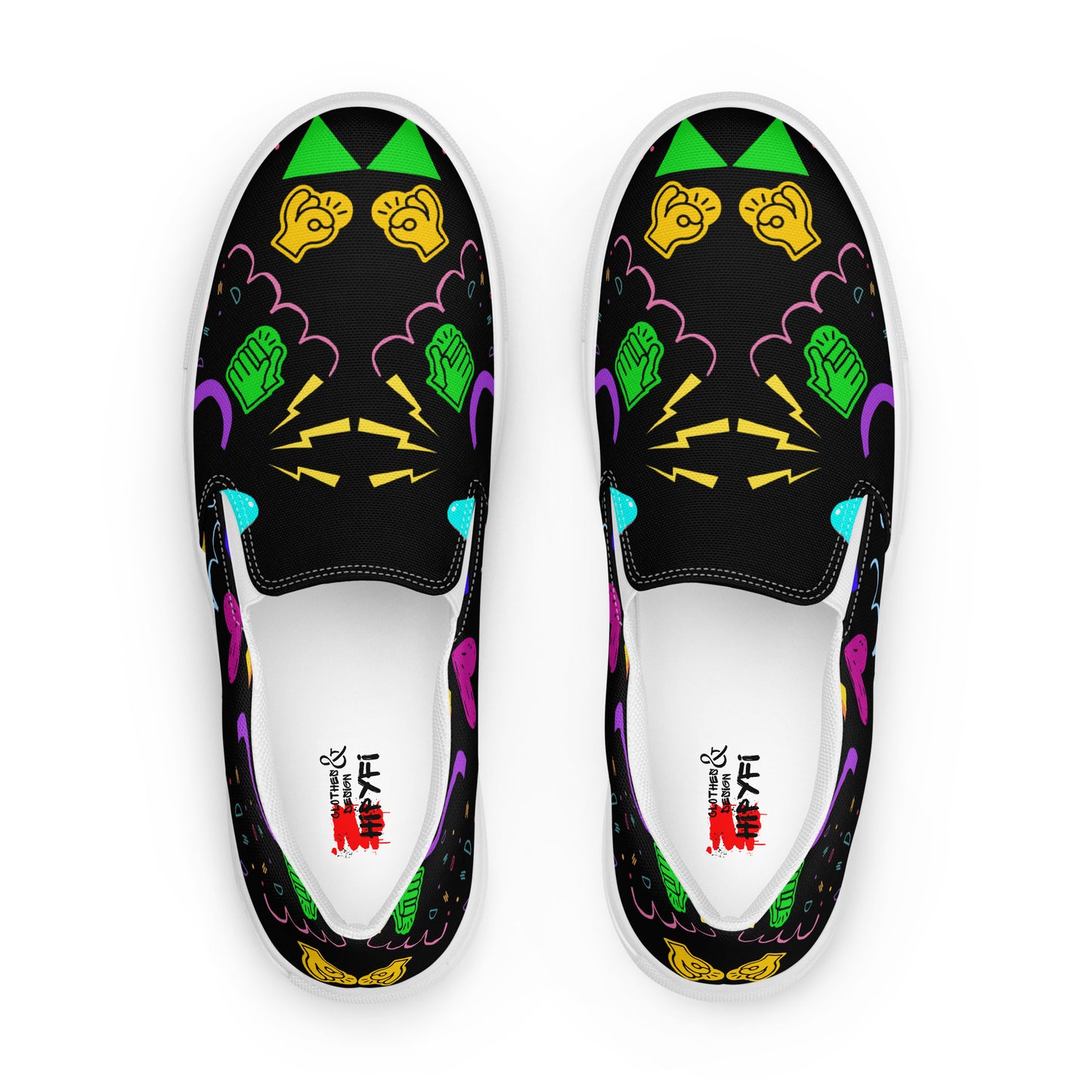 Women's Retro Canvas Slip-On Sneakers with vibrant 80s Memphis-style abstract pattern on black background – stylish, lightweight, and eco-friendly casual shoes by Hipyfi Clothes & Design. white-front-4