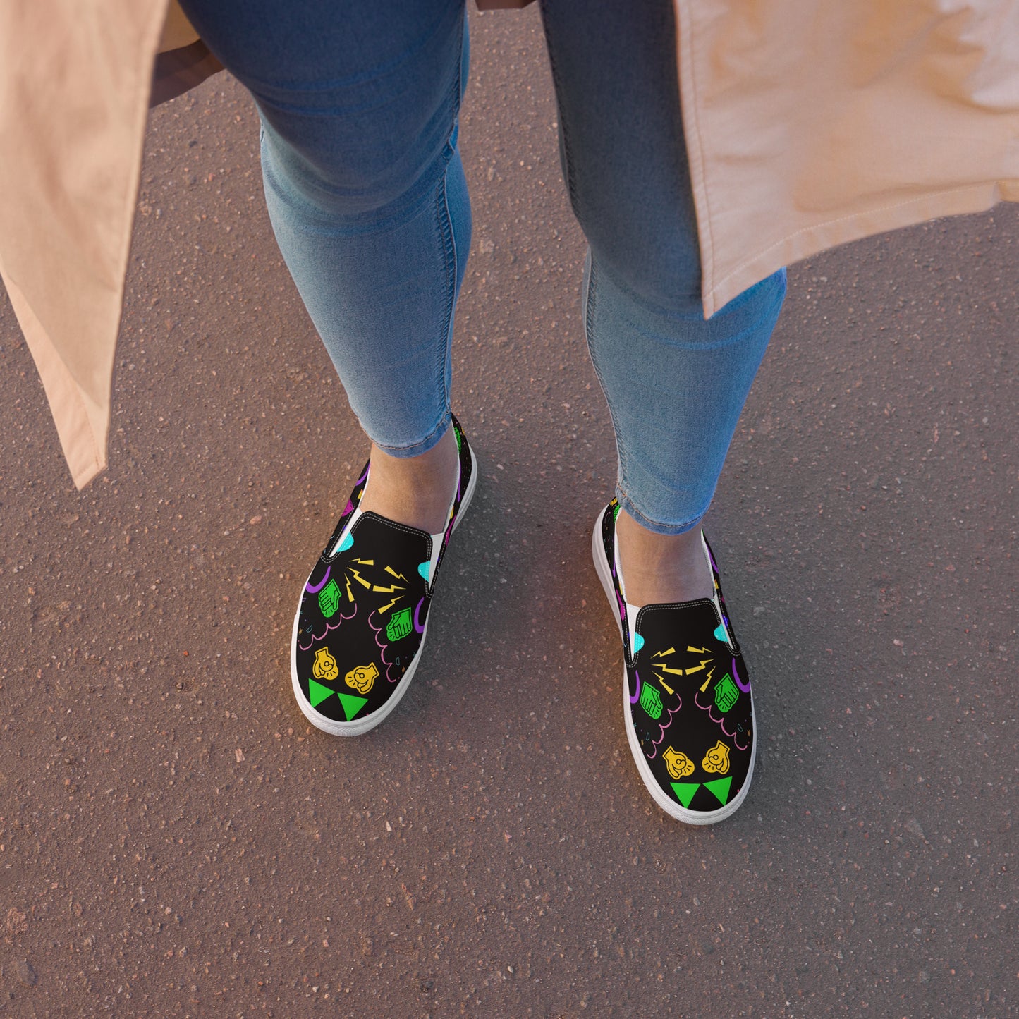 Women's Retro Canvas Slip-On Sneakers with vibrant 80s Memphis-style abstract pattern on black background – stylish, lightweight, and eco-friendly casual shoes by Hipyfi Clothes & Design. white-front-2