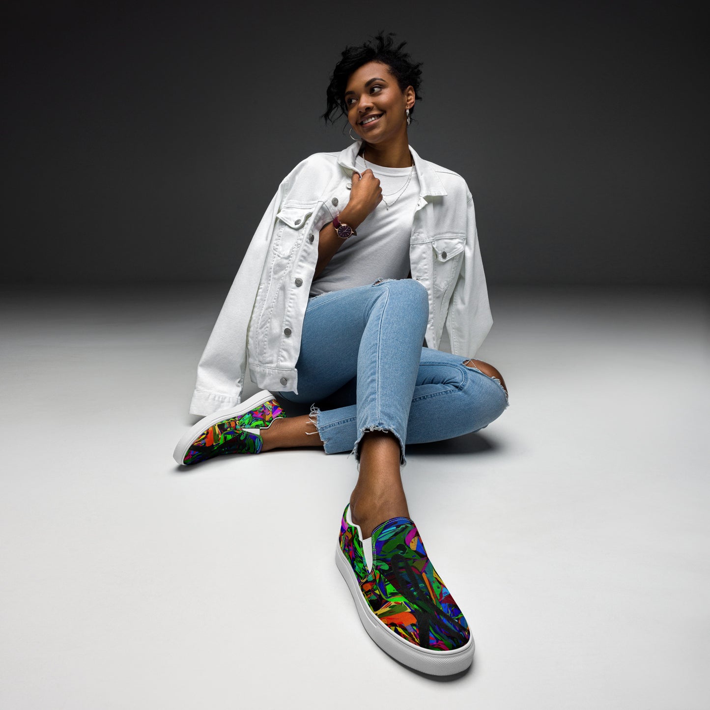 Bold Neon Mythos Women's Slip-On Canvas Sneakers by Hipyfi – Vibrant abstract graphic design with neon colors, perfect for street style and modern fashion. white-front