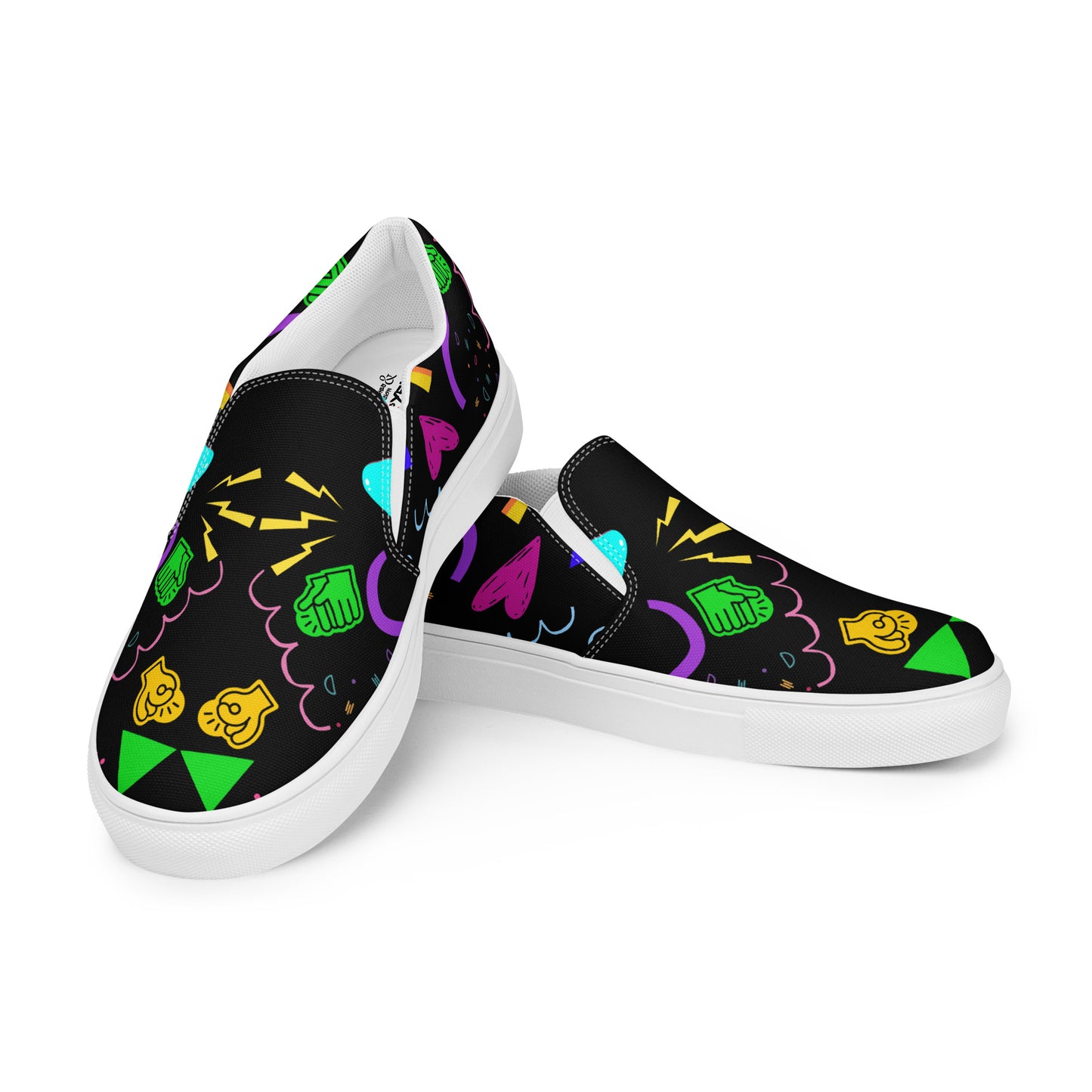Women's Retro Canvas Slip-On Sneakers with vibrant 80s Memphis-style abstract pattern on black background – stylish, lightweight, and eco-friendly casual shoes by Hipyfi Clothes & Design. white-left-front