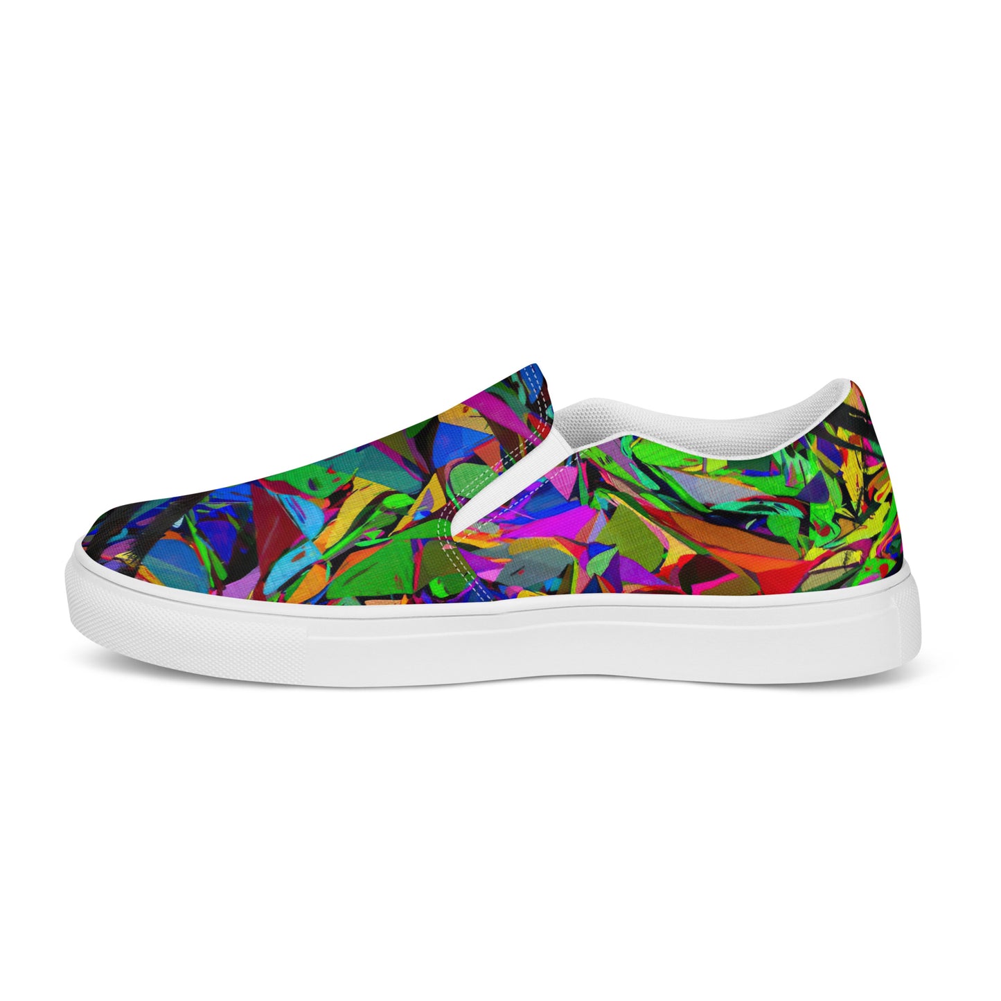 Bold Neon Mythos Women's Slip-On Canvas Sneakers by Hipyfi – Vibrant abstract graphic design with neon colors, perfect for street style and modern fashion. white-right-inside