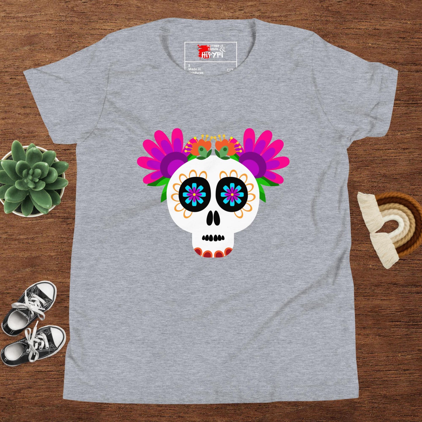 Hipyfi Kids T-Shirt – Vibrant Sugar Skull and Floral Design, Day of the Dead inspired graphic tee for youth Athletic Heather