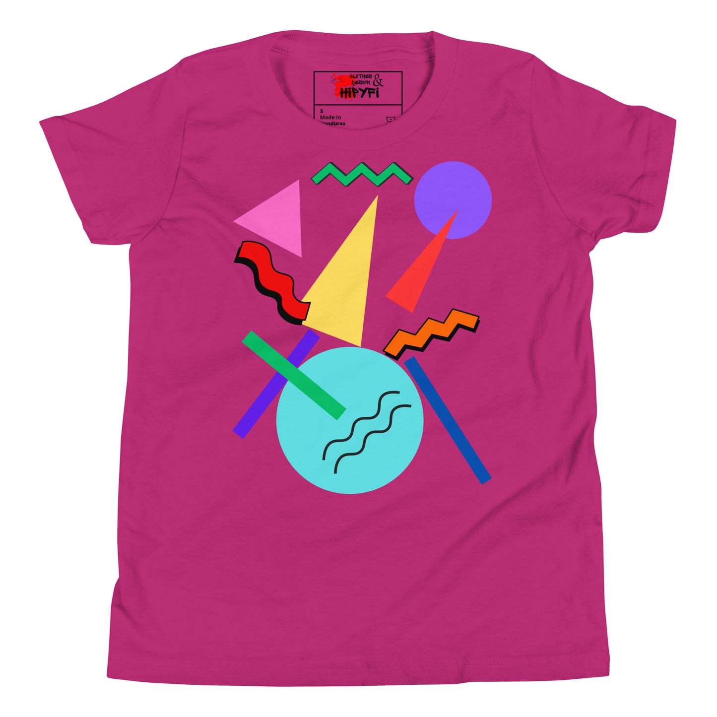 Hipyfi Retro Memphis Youth Tee – Vibrant Geometric Print, 80s-inspired graphic t-shirt for kids, colorful geometric design Berry-2