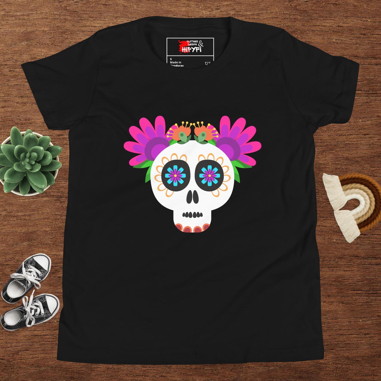 Hipyfi Kids T-Shirt – Vibrant Sugar Skull and Floral Design, Day of the Dead inspired graphic tee for youth Black