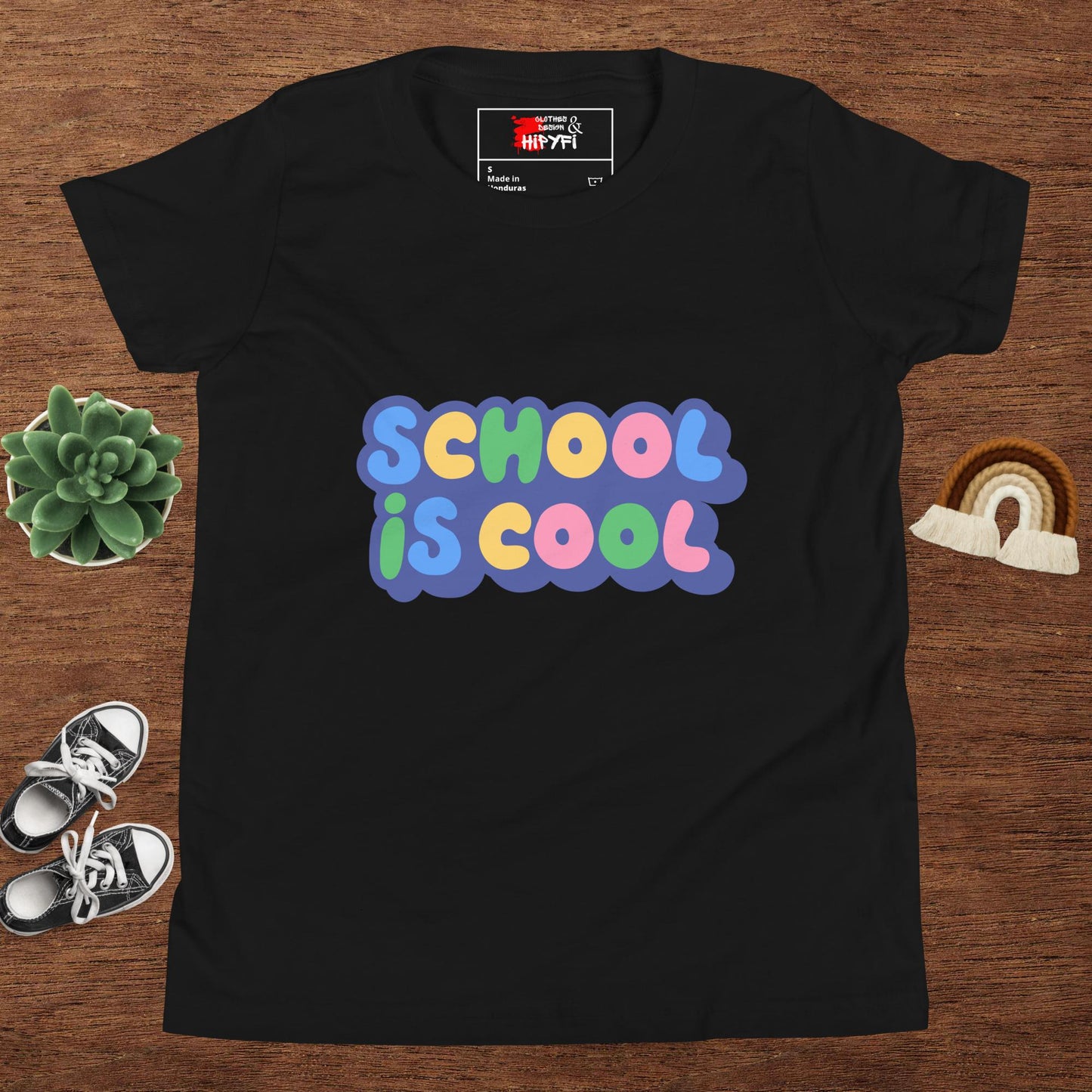 School Is Cool kids graphic t-shirt – colorful youth back to school tee by Hipyfi Clothes & Design Black