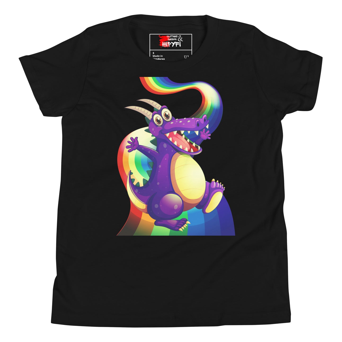 Kids Rainbow Dragon T-Shirt – Purple Fantasy Graphic Tee for Youth by Hipyfi Clothes & Design Black-2