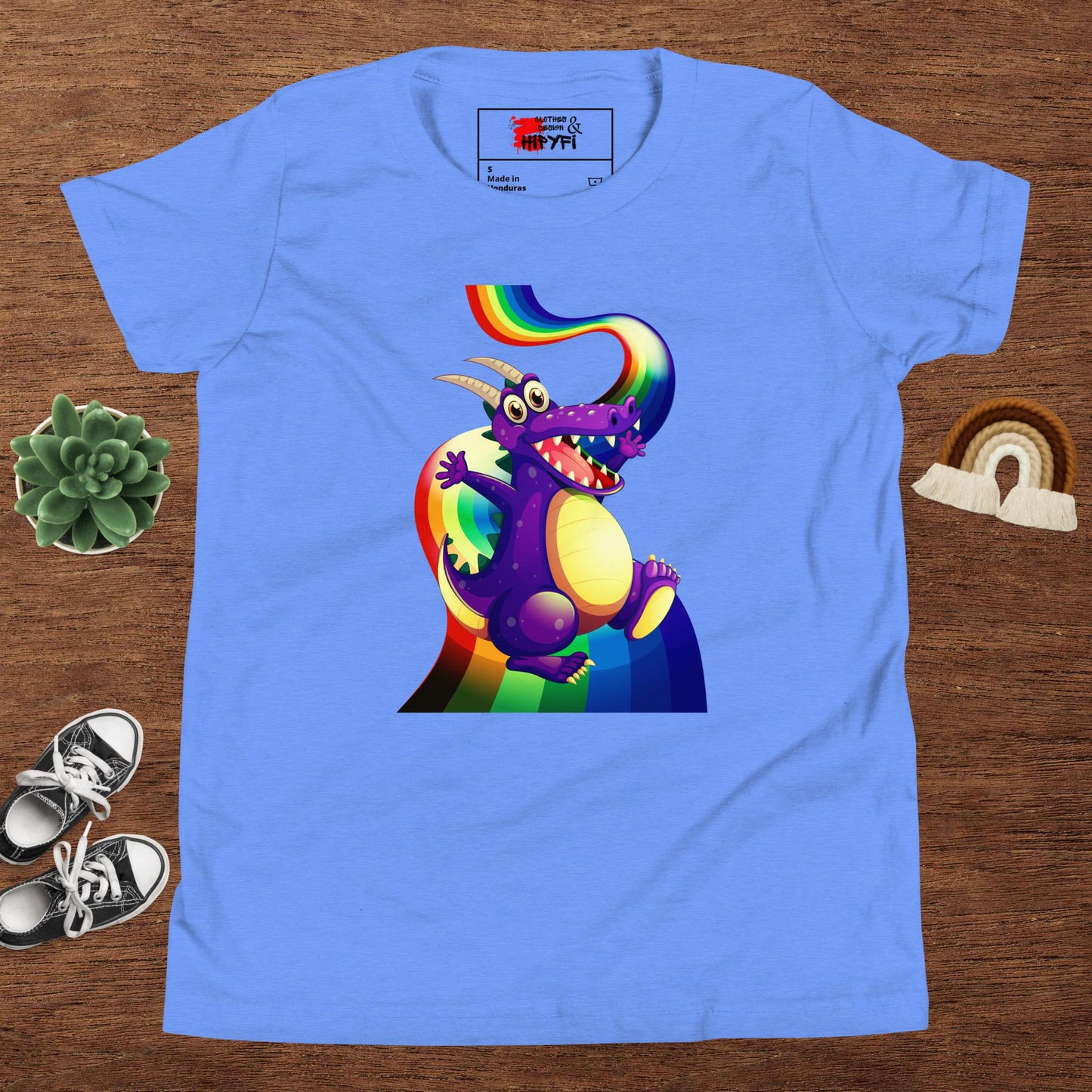 Kids Rainbow Dragon T-Shirt – Purple Fantasy Graphic Tee for Youth by Hipyfi Clothes & Design Heather Columbia Blue