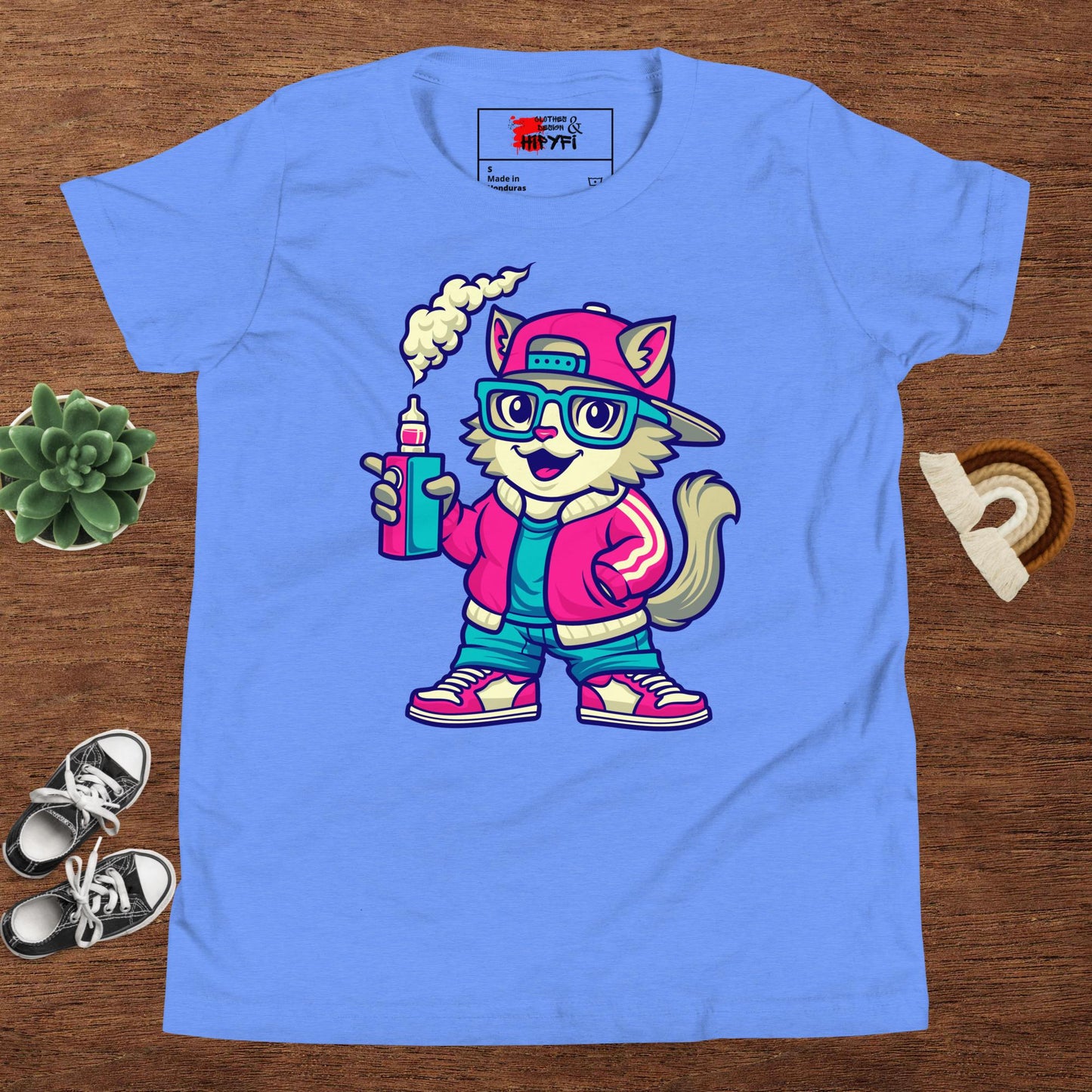 Youth streetwear t-shirt with cartoon cat graphic – Hipyfi urban style tee for kids and teens Heather Columbia Blue