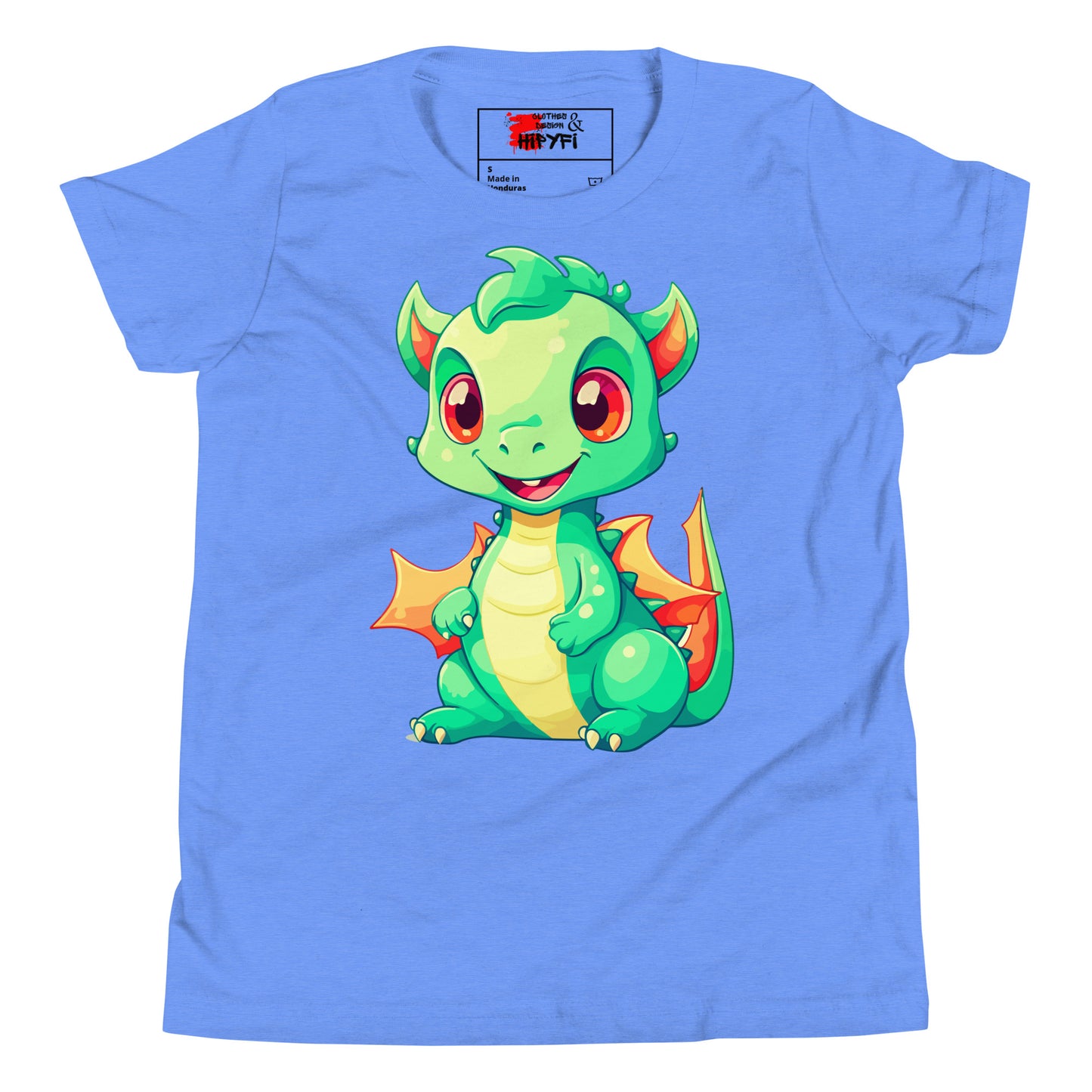 Hipyfi Kids' Baby Dragon Short Sleeve T-shirt – Cute dragon graphic design, soft cotton fabric, and comfortable unisex fit. Heather Columbia Blue-2