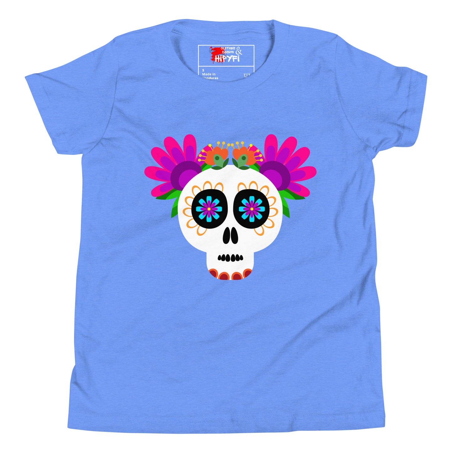 Hipyfi Kids T-Shirt – Vibrant Sugar Skull and Floral Design, Day of the Dead inspired graphic tee for youth Heather Columbia Blue-2