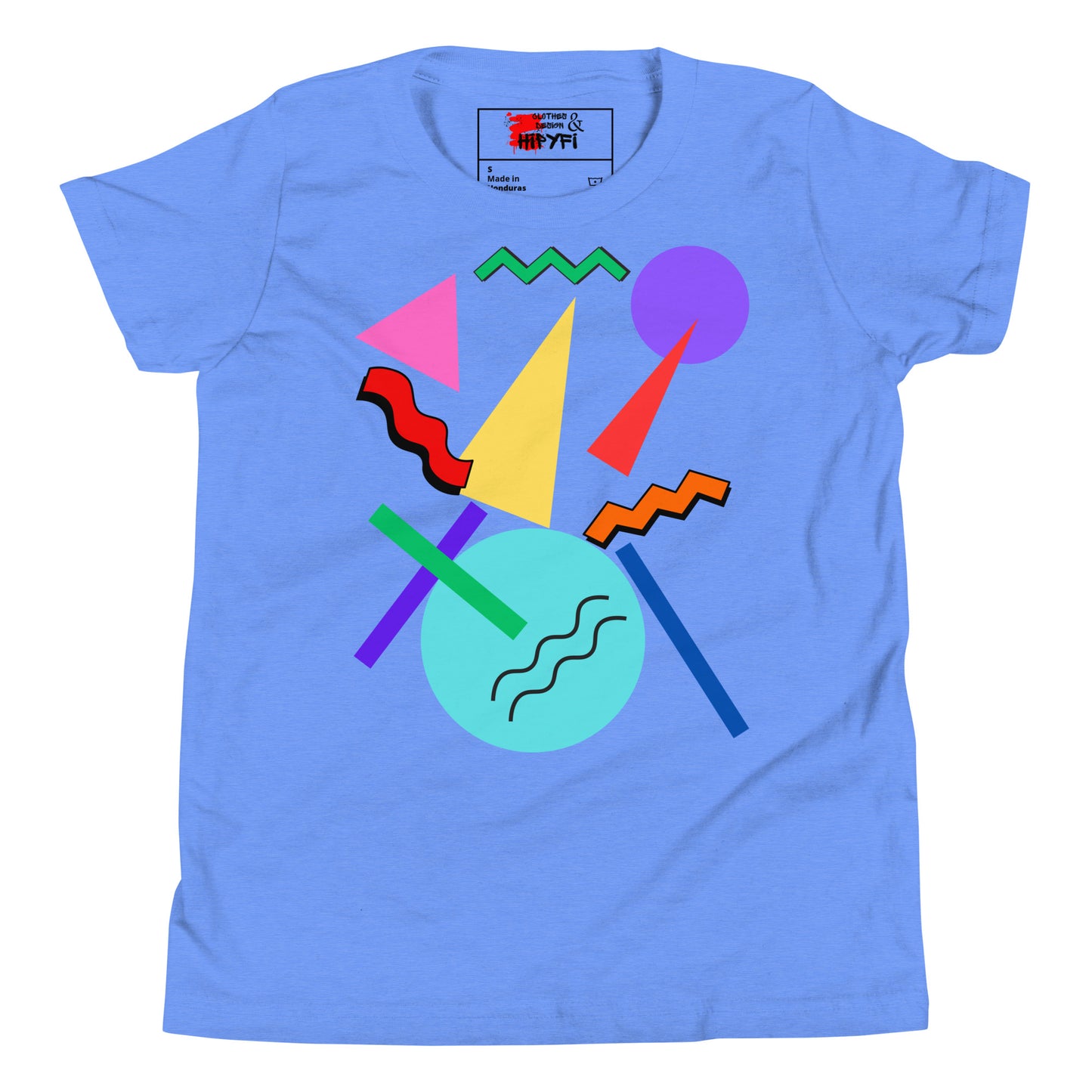 Hipyfi Retro Memphis Youth Tee – Vibrant Geometric Print, 80s-inspired graphic t-shirt for kids, colorful geometric design Heather columbia blue-2
