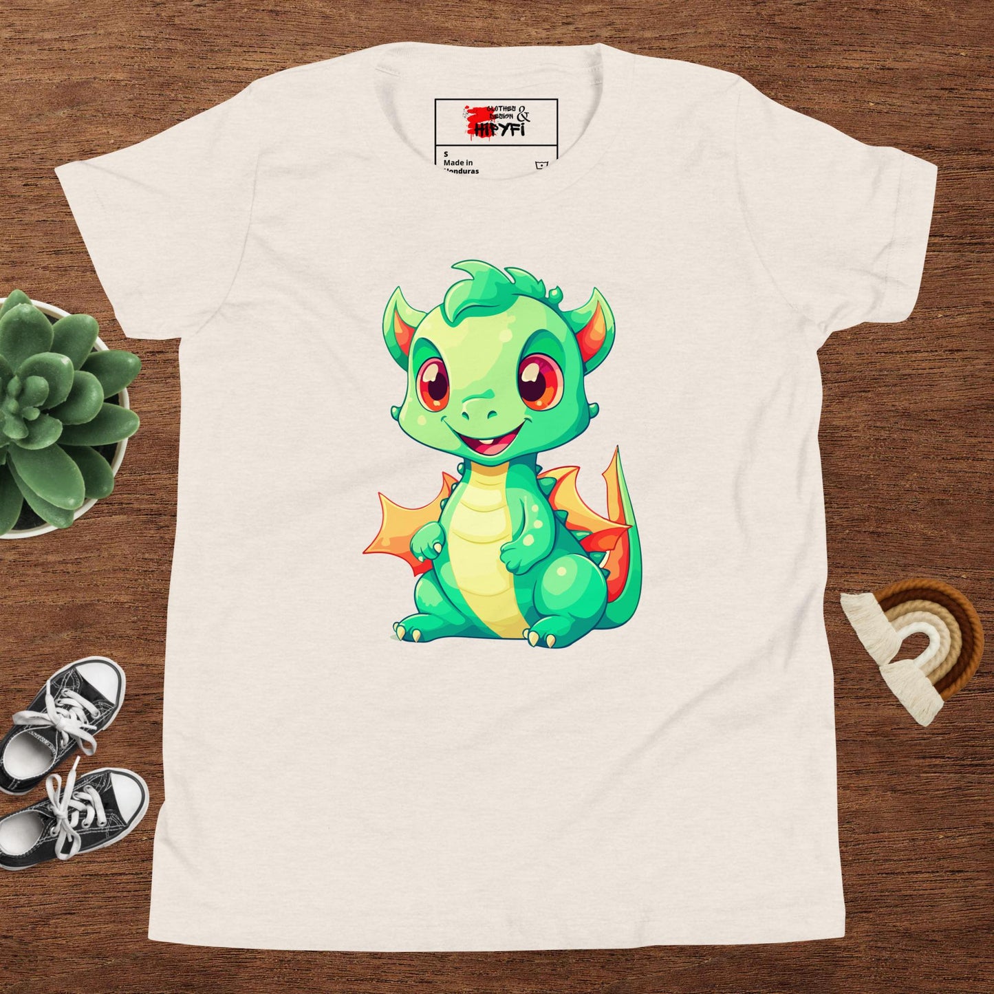 Hipyfi Kids' Baby Dragon Short Sleeve T-shirt – Cute dragon graphic design, soft cotton fabric, and comfortable unisex fit. Heather Dust