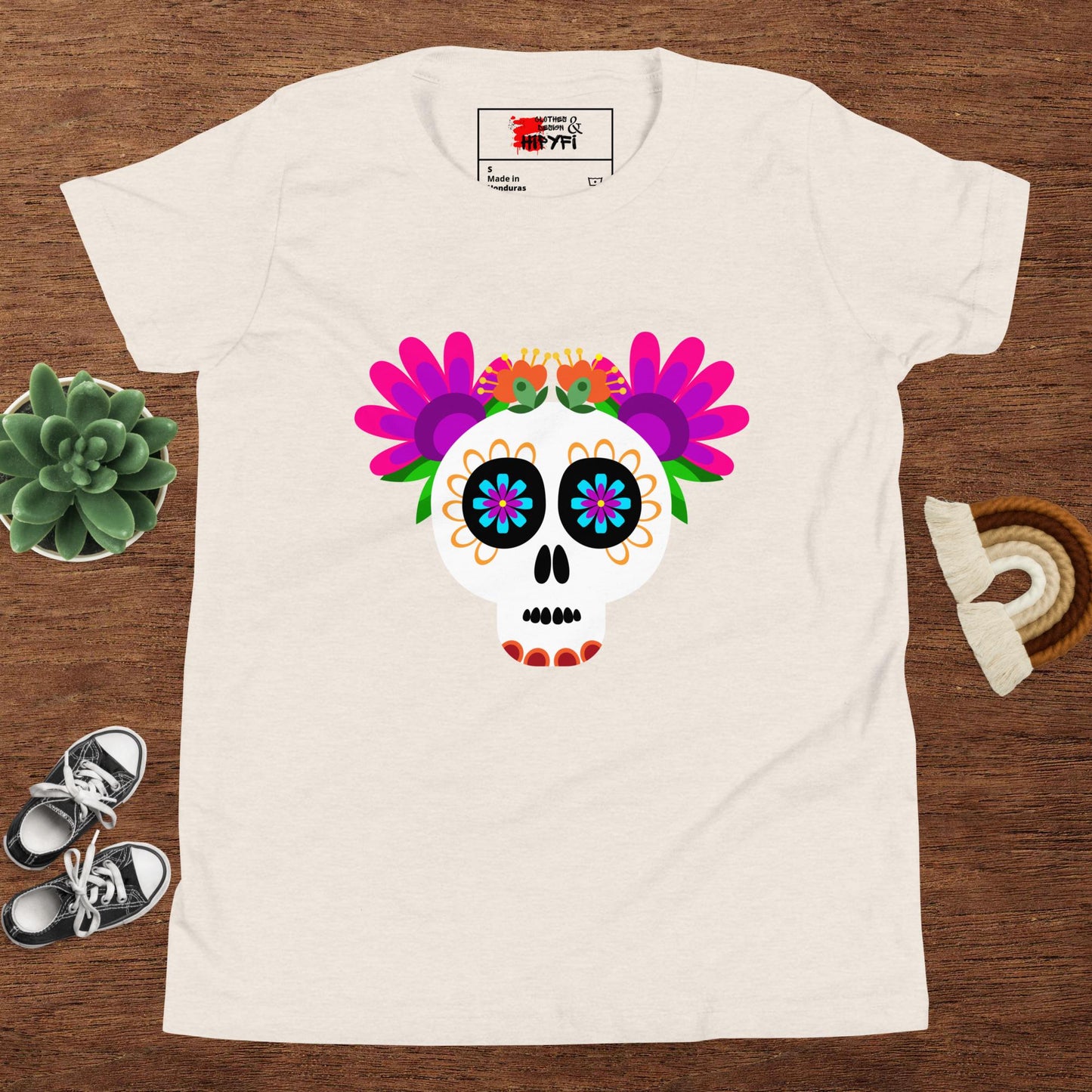 Hipyfi Kids T-Shirt – Vibrant Sugar Skull and Floral Design, Day of the Dead inspired graphic tee for youth Heather Dust